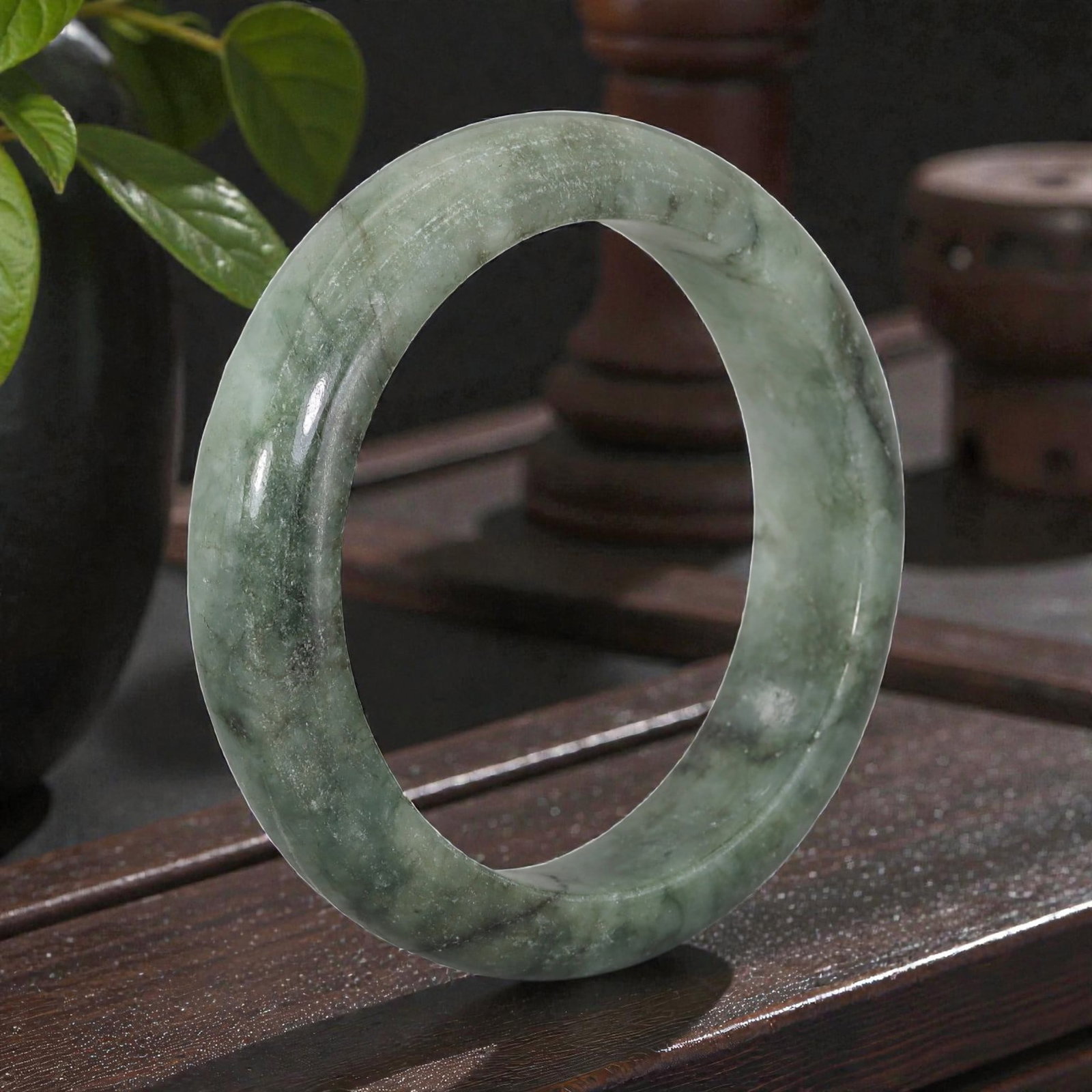 Natural Burmese Type A Green Jadeite Bangle - Deep Forest Ink Wash Bracelet, 30EA (1 of 3)
