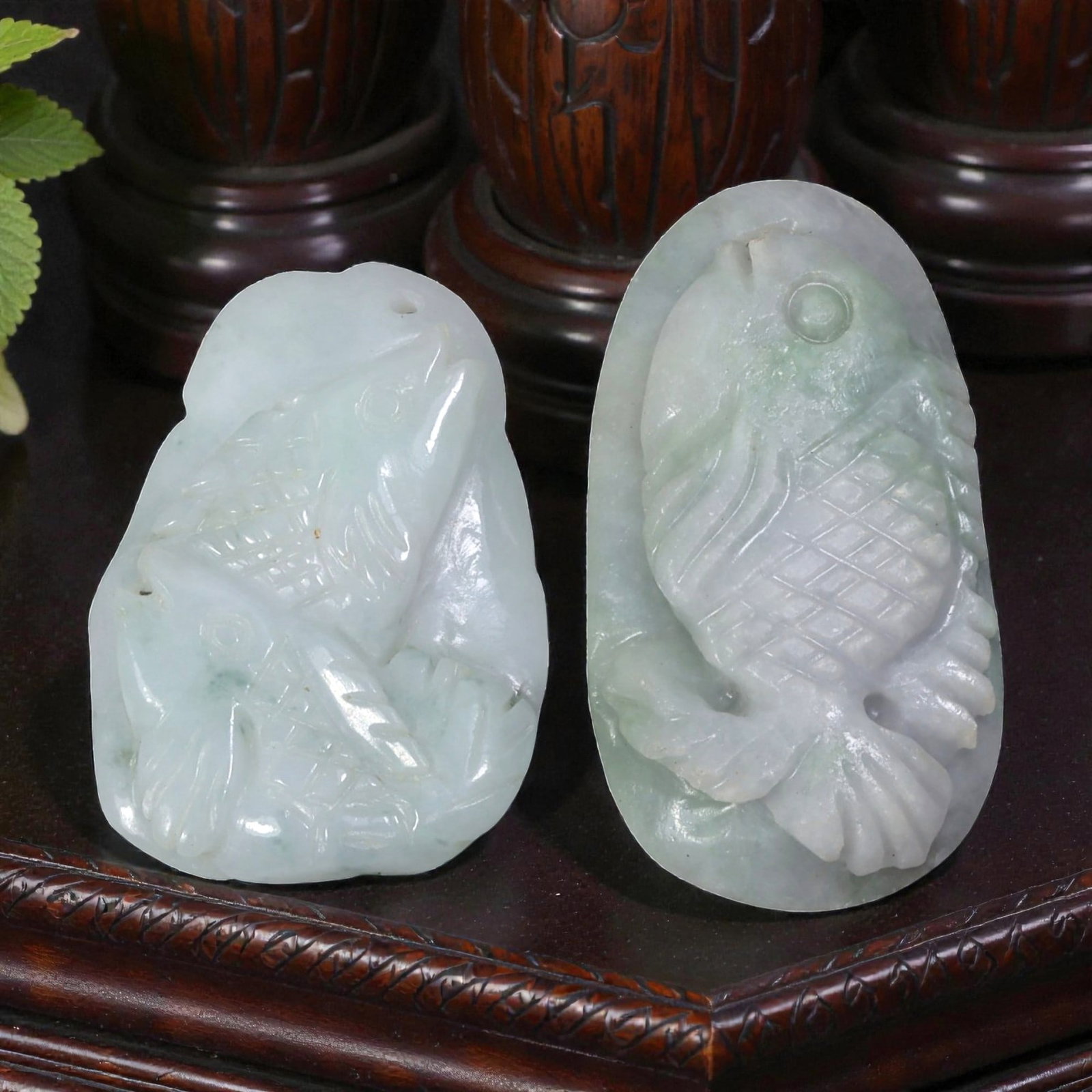 170 Carats Natural Burmese Type A Jadeite Jade Fish Pendant Lot, 47AG: Let me share with you this sweet pair of natural Burmese jadeite fish pendants, both carved with such lovely, timeless detail! These little beauties have that soft, milky lavender-green hue, with fain