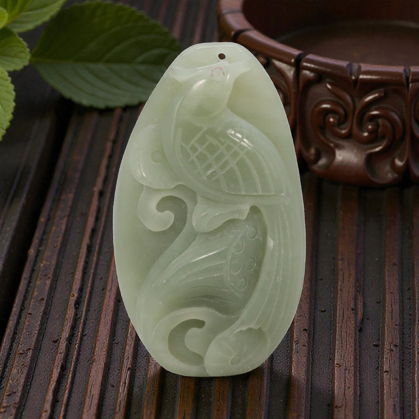 172 Carats Real Light Green Jade Phoenix Carved Pendant, 48YA: Let me share with you this sweet little jade pendant, hand-carved with a lovely phoenix design! This one's a smooth, polished piece weighing 172 carats, measuring 51x29x14mm, with a small hole at the 