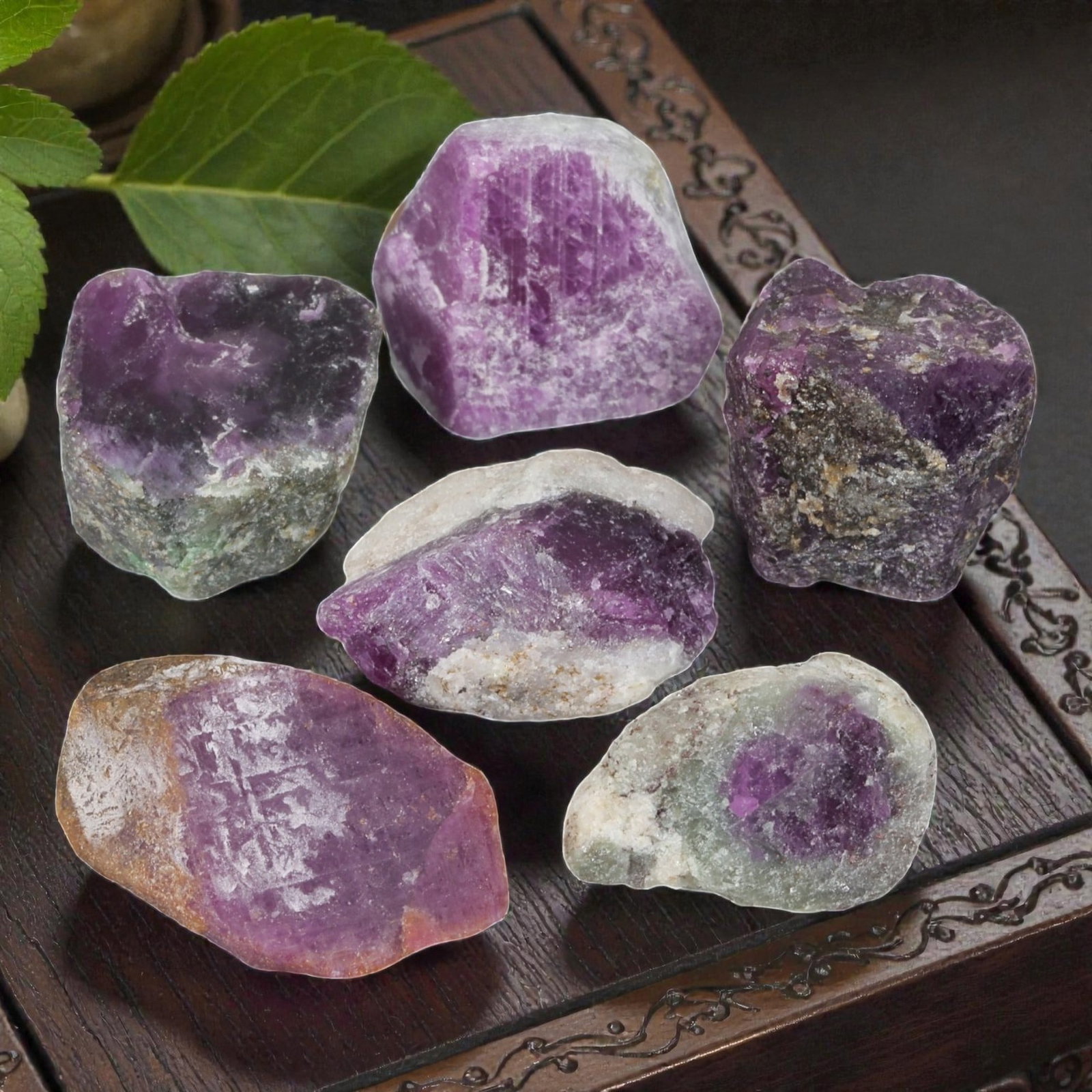 145ct Natural Mauritanian Ruby Rough - Unheated Raw Stone - Lot of 6, 99EA: This is a lot of 6 pieces of natural unheated Mauritanian ruby rough stones, each measuring approximately 1.5-2.5cm with a total carat weight of 145ct. These raw rubies feature rich purple-red tones w