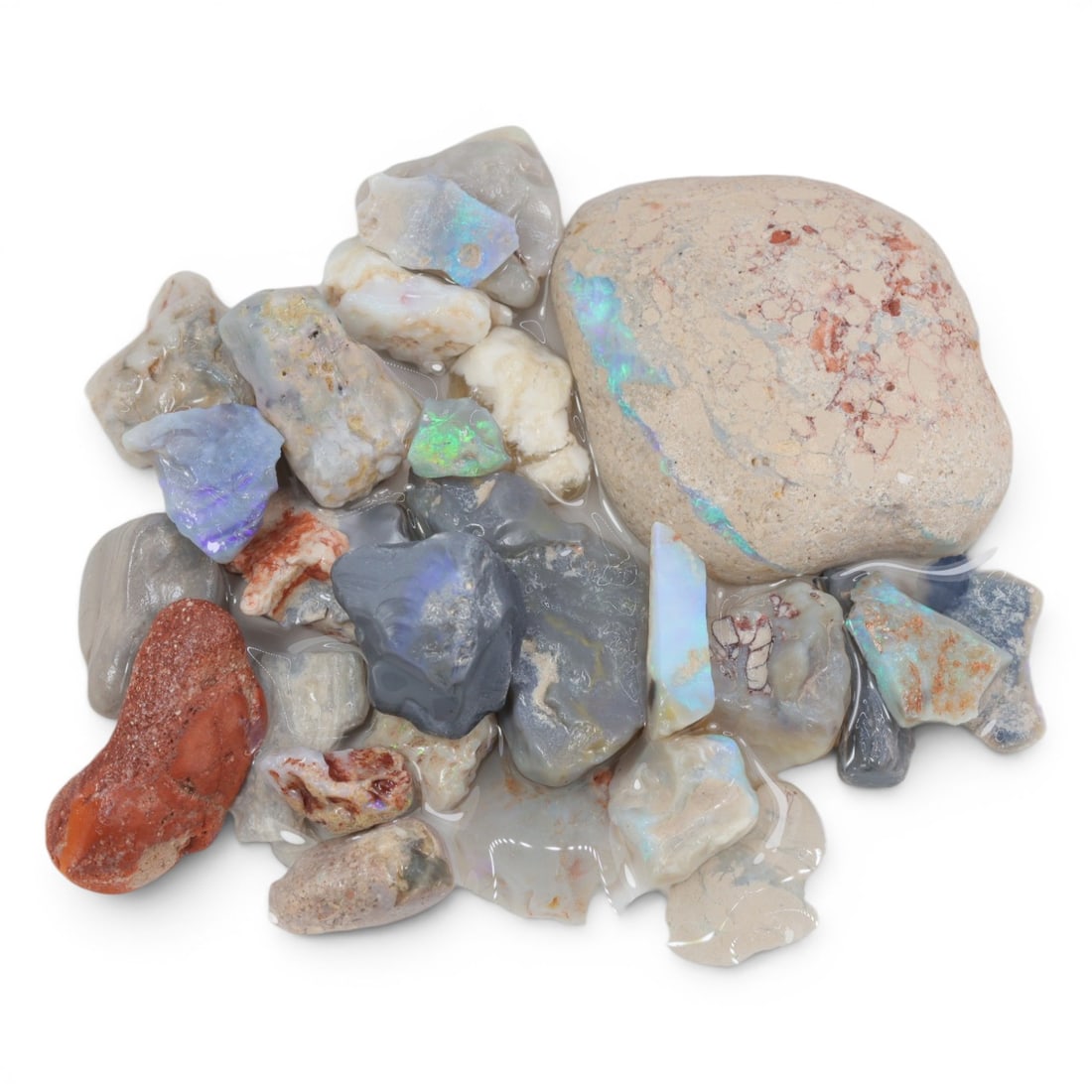 Natural Australian Lightning Ridge Opal Rough, 56g, 90WS: This collection of raw opal rough hails from Australia's legendary Lightning Ridge, showcasing the region's iconic play-of-color potential. The stones exhibit a range of natural hues, from milky white