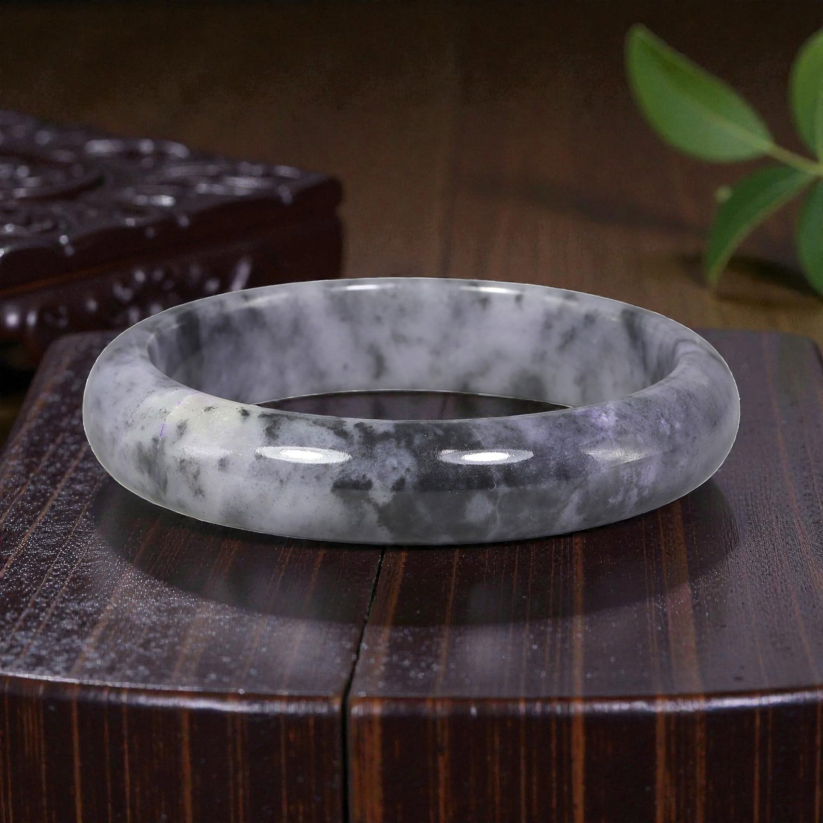 Natural Burmese Type A Black & White Jadeite Jade Bangle - Ink Art Bracelet, 1EA: This is a wide, solid bangle crafted from natural Burmese Type A jadeite, displaying a dramatic black and white ink-art pattern with subtle lavender undertones throughout the polished stone. The surfa