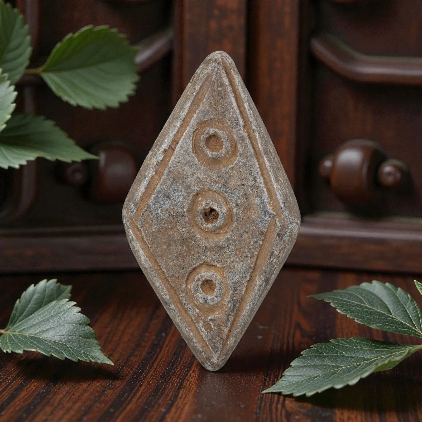 Antique Silk Road Schist Geometric Amulet Pendant, 45YD: This ancient amulet pendant is carved from weathered grey schist, with a symmetrical diamond-shaped form. The face features three vertically aligned concentric circle motifs, each with a central drill