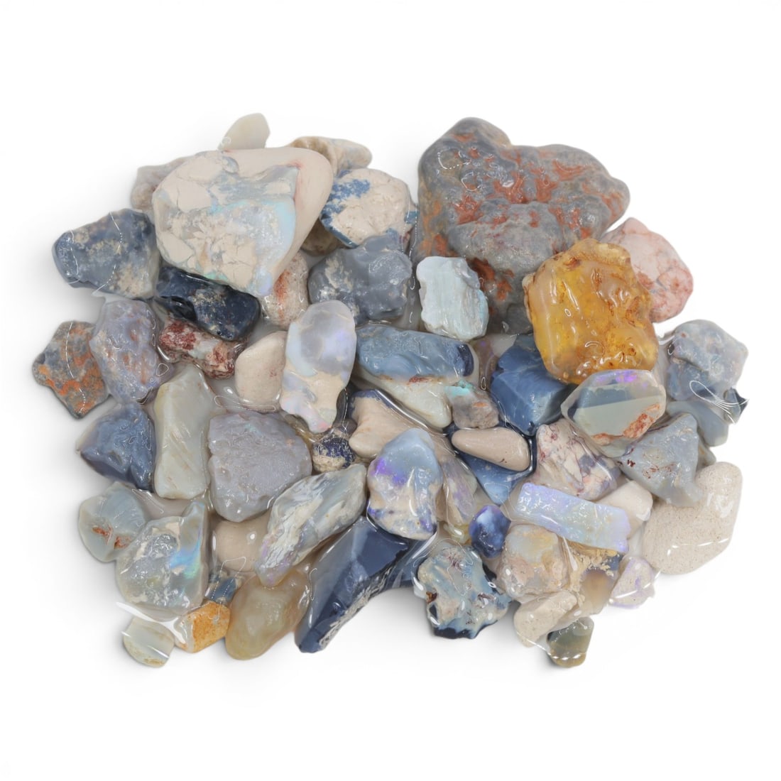 Natural Australian Lightning Ridge Opal Rough, 62g, 97WS: This collection of raw opal rough hails from Australia's legendary Lightning Ridge, showcasing the region's iconic play-of-color potential. The stones exhibit a range of natural hues, from milky white
