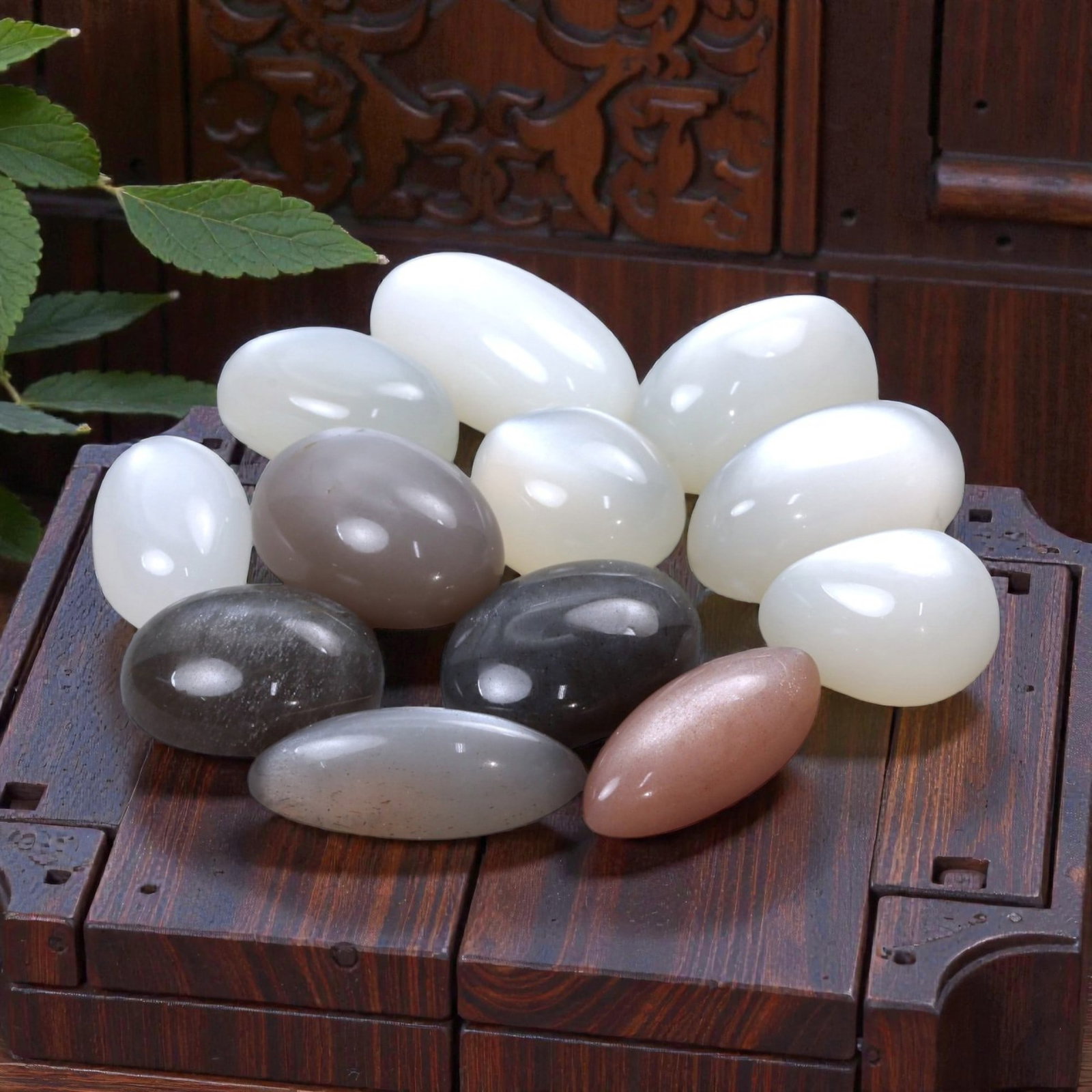 156.91 Carats Multicolor Moonstone Selection - Natural Mixed-Origin Stones, 15-22mm, 56XH: This substantial parcel of natural moonstone showcases a dreamy palette of whites, silvers, smoky greys, and peachy taupes, each polished into a smooth cabochon with soft internal glow. The stones exh