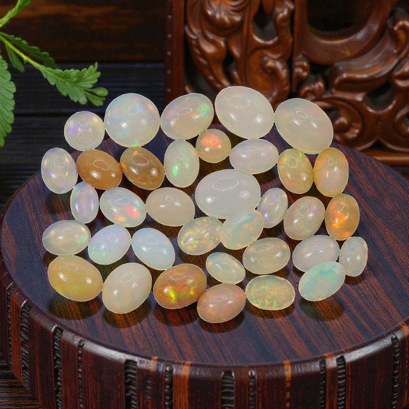 20.32 Carats Welo Opal Cabochon Parcel - Natural Ethiopian Stones, 53XA: This luminous collection of Welo opals showcases a rich spectrum of warm and cool translucent body tones, from milky white and soft cream to honey and golden amber, each adorned with vivid, shifting c