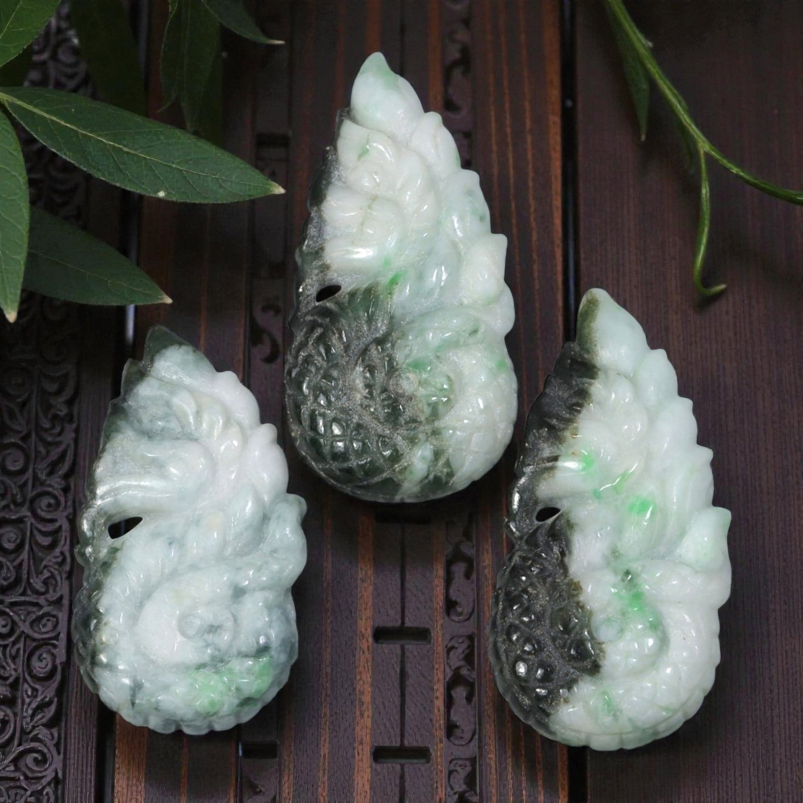 191 Carats Natural Burmese Type A Jadeite Jade Naga Dragon Pendants Lot, 35AG: I've got a fun trio here to show you, three natural Burmese Type A jadeite Naga dragon pendants, each with that cool, one-of-a-kind character! These little beauties have that classic mottled jade look