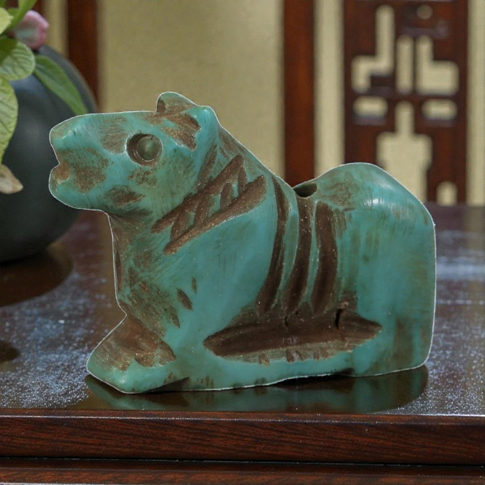 Antique Coptic Egyptian Style Turquoise Stone Zoomorphic Amulet, 8AP: Carved from turquoise stone with rich blue-green coloration, the amulet depicts a stylized quadruped animal, likely a horse or feline, in a recumbent pose. The figure features incised details defining