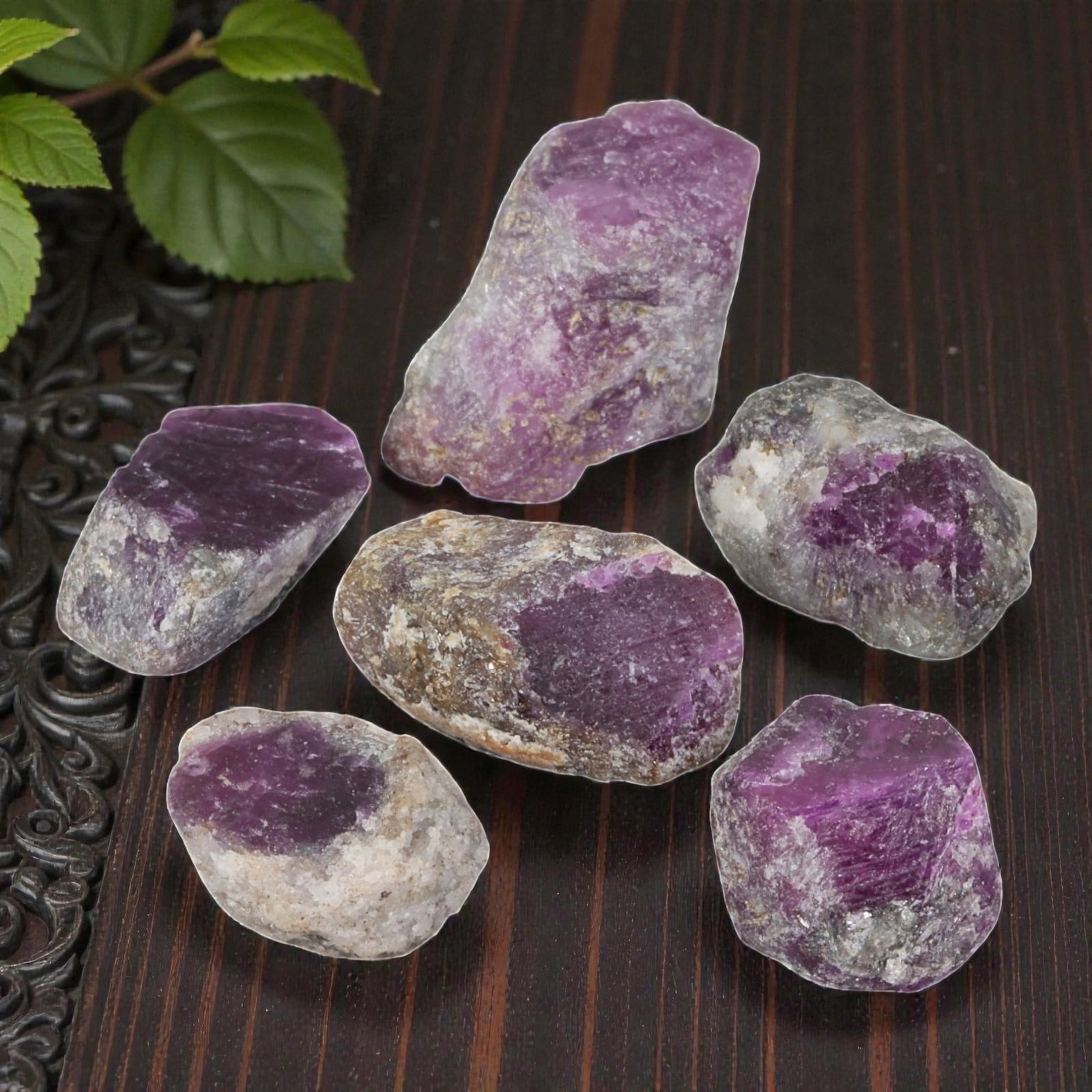 80ct Natural Mauritanian Ruby Rough - Unheated Raw Stone - Lot of 6, 94EA: This is a lot of 6 pieces of natural unheated Mauritanian ruby rough stones, each measuring approximately 1.1-2cm with a total carat weight of 80ct. These raw rubies feature rich purple-red tones with