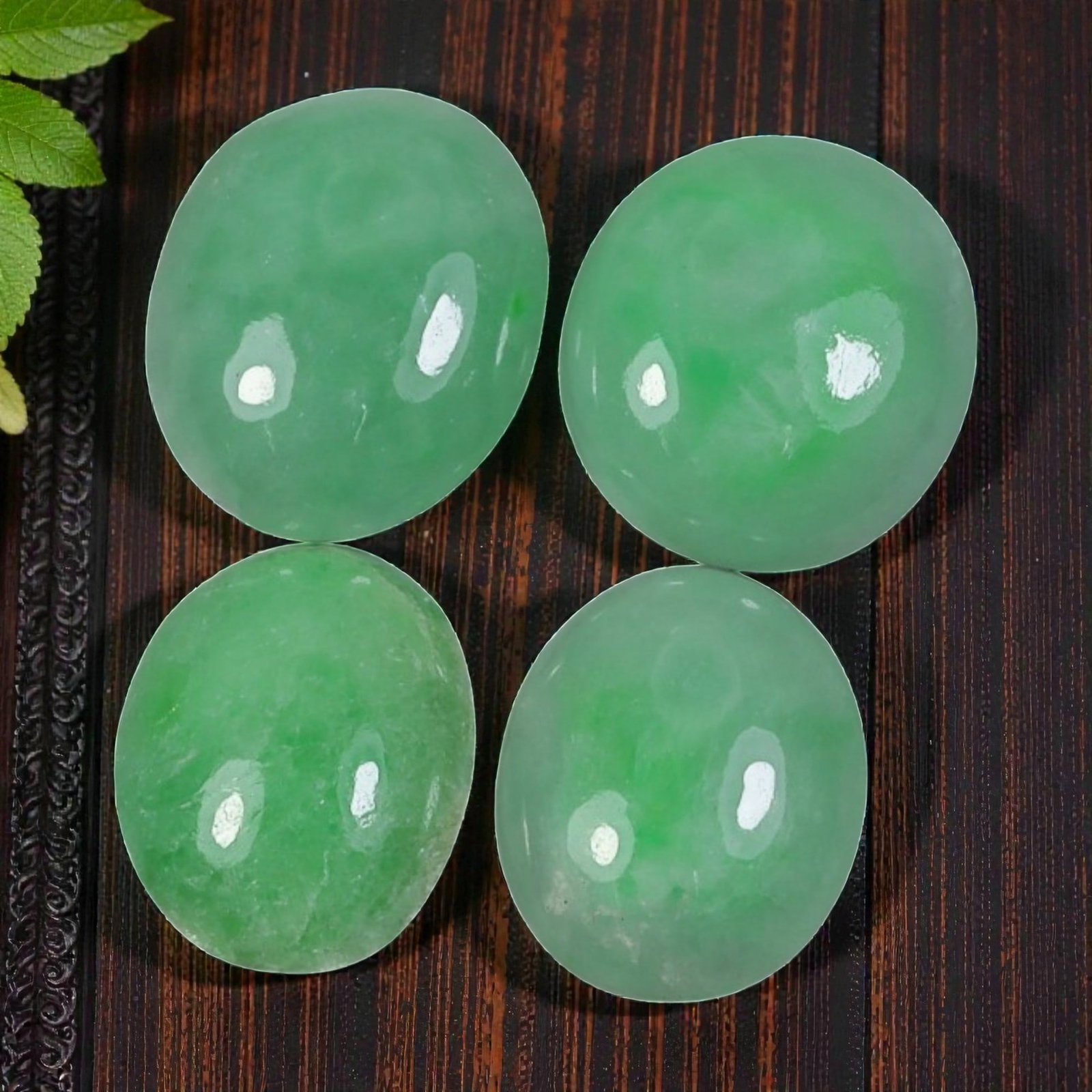 17.51 Carats Natural Type A Burmese Jadeite Cabochon Lot, 90AJ: I'm happy to present this nice little batch of four natural jadeite cabochons, glowing with that fresh, lively green hue! Look at that bright, spring-green color on each stone, just like a sunlit mead