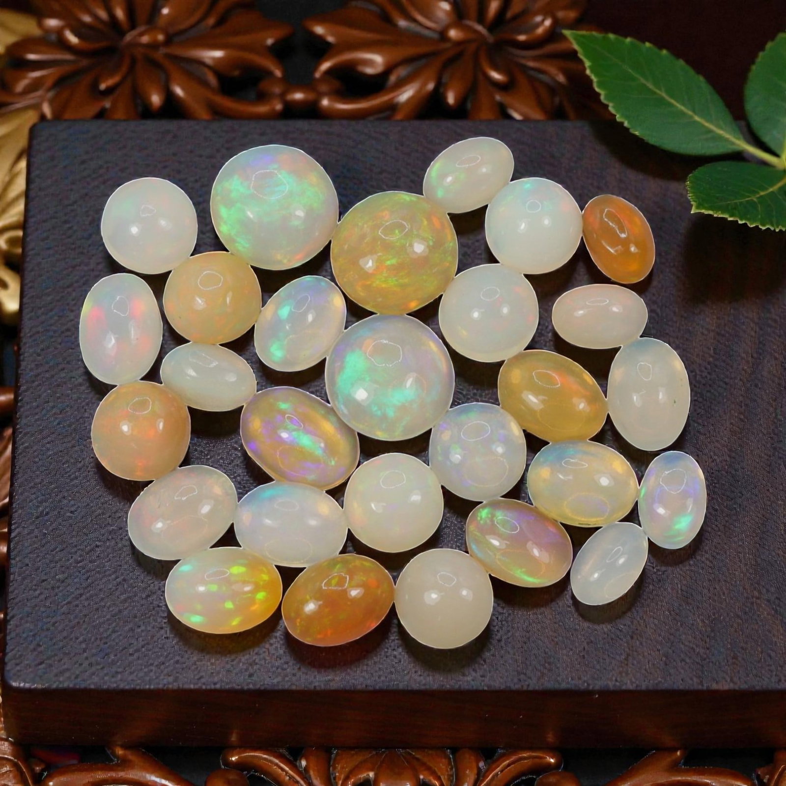 16.18 Carats Welo Opal Cabochon Parcel - Natural Ethiopian Stones, 54XA: This luminous collection of Welo opals showcases a rich spectrum of translucent body tones, from milky white and soft cream to warm honey and golden amber, each adorned with vivid, shifting color play