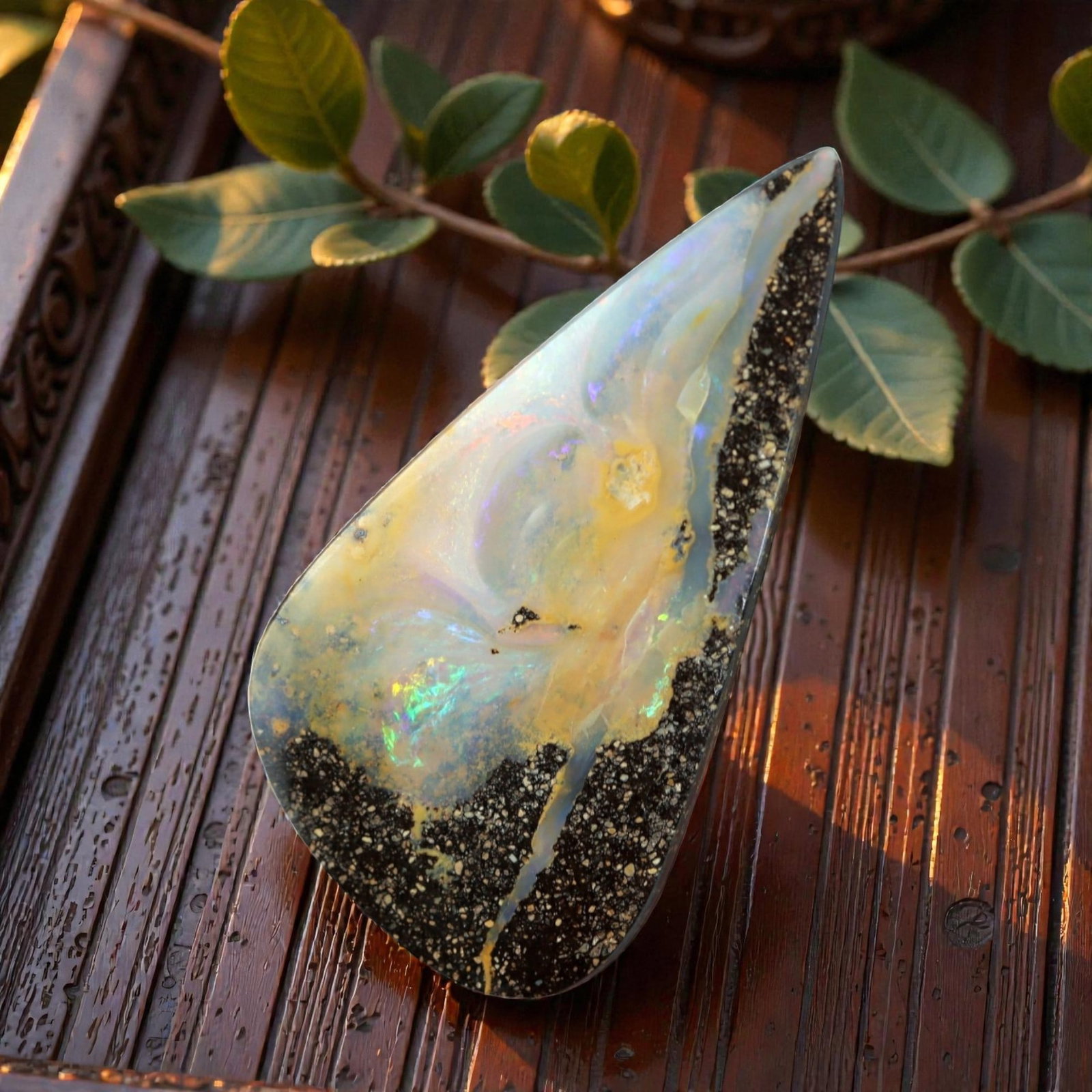 10.84 Carats Iridescent Multicolor Boulder Opal - Natural Australian Stone, 52XM: This substantial boulder opal dazzles with a dynamic play of color, shifting through ethereal blues, violets, and subtle flashes of iridescent green and pink as light moves across its elongated, taper