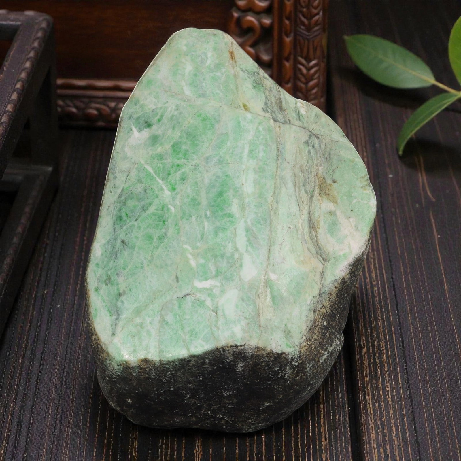 3630Ct Natural Type A Burmese Jadeite Jade Rough Stone - Green Raw Material, 20ZB: Natural Type A Burmese jadeite rough stone, displaying vibrant mottled green inclusions across a pale base, with natural dark weathered skin visible at the base. The stone retains its uncut, raw form,