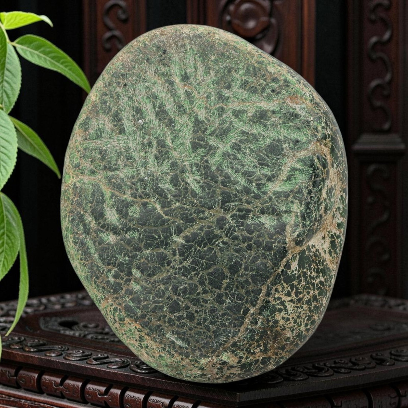 1660Ct Natural Type A Burmese Jadeite Jade Rough Stone - Green Raw Material, 19ZB: Natural Type A Burmese jadeite rough stone, displaying a deep dark green base with intricate light green and brown veining patterns across its smooth, weathered surface. The stone retains its natural,