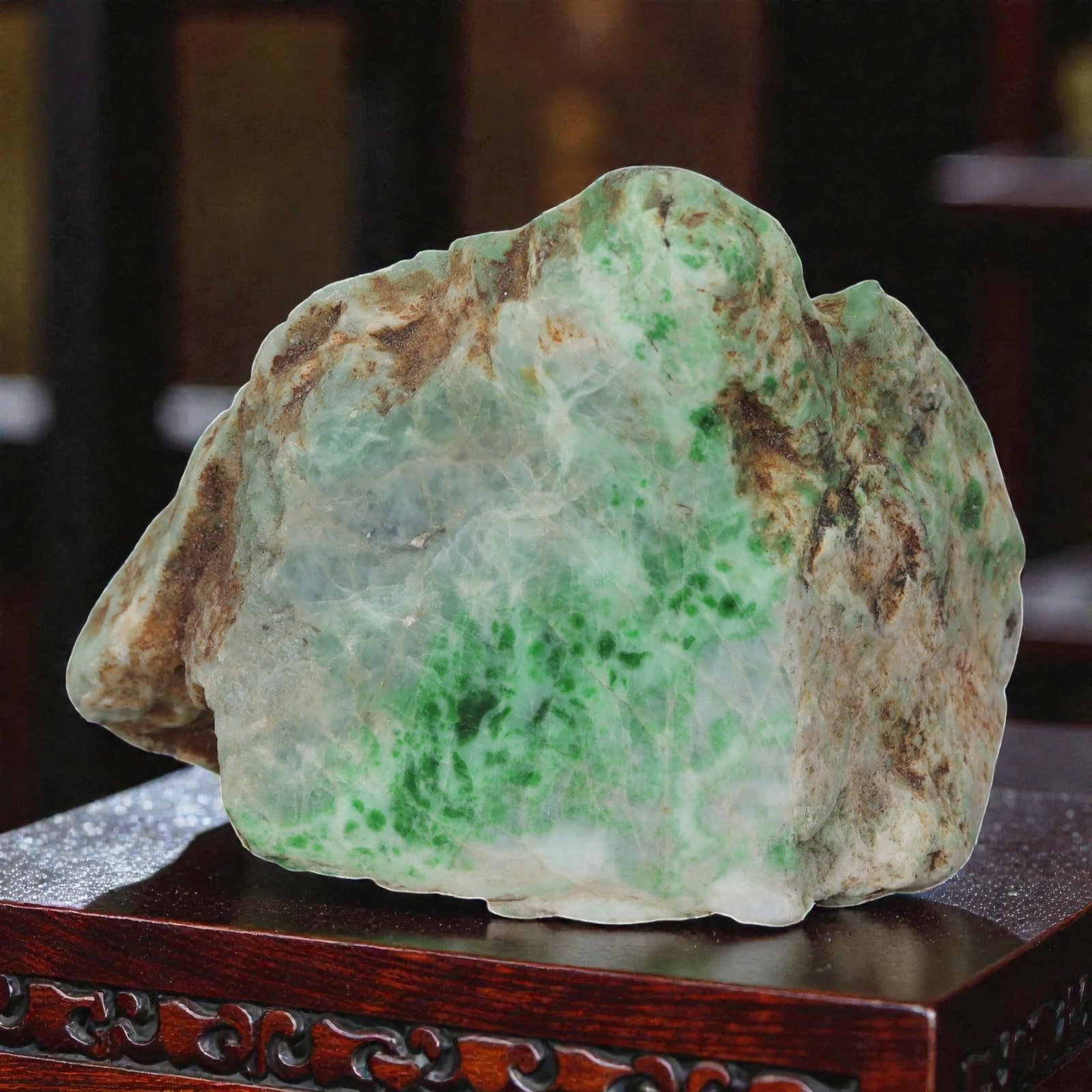 735Ct Natural Type A Burmese Jadeite Jade Rough Stone - Green Raw Material, 3ZB: Natural Type A Burmese jadeite rough stone, displaying vibrant deep green mottling and translucent pale green base, framed by natural brown weathered skin across its uncut surface. The stone retains i