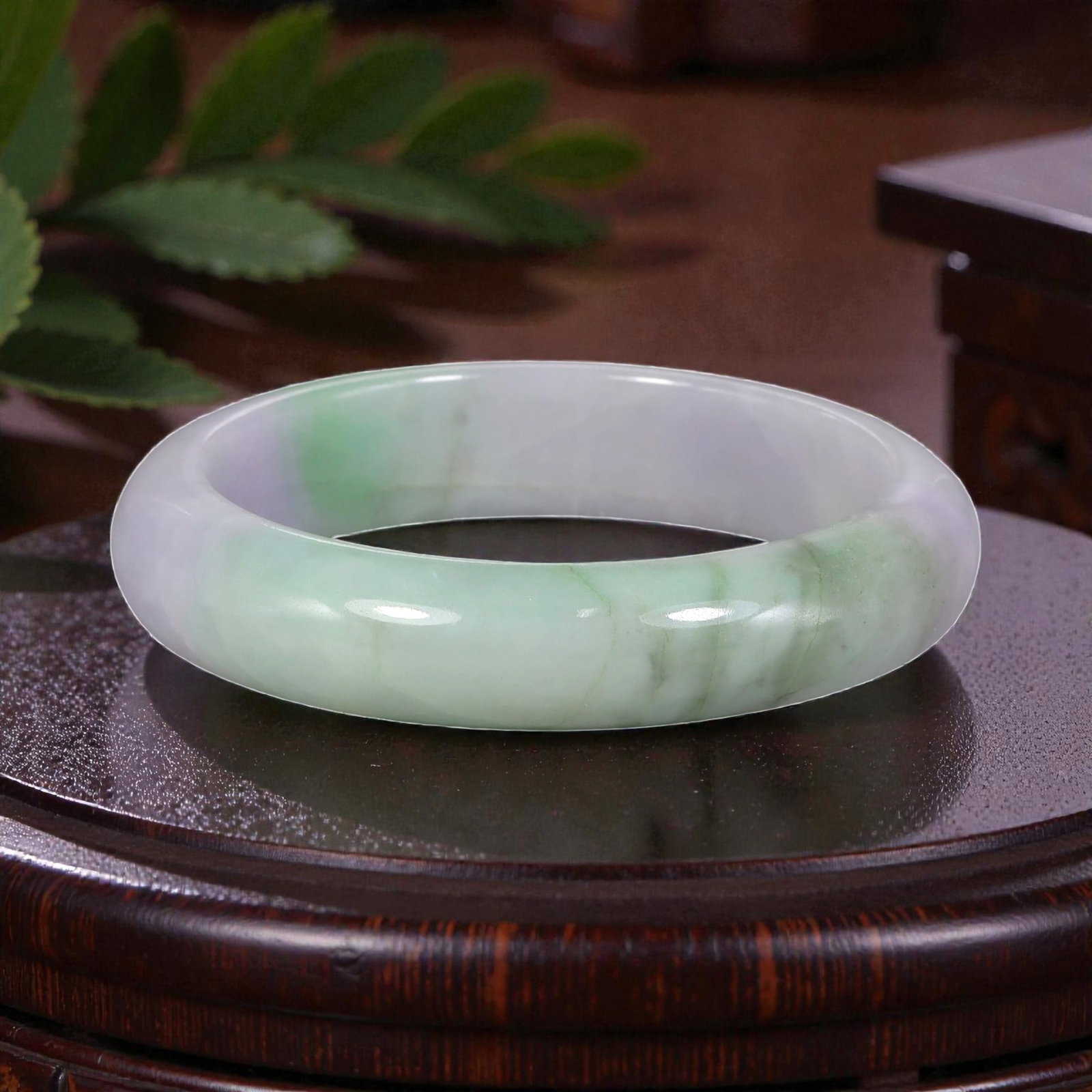Natural Burmese Type A Lavender & Green Jadeite Bangle - Pastel Gradient Bracelet, 3EA: This is a wide, solid bangle crafted from natural Burmese Type A jadeite, displaying a soft pastel gradient of lavender and mint green against a milky white base. The stone exhibits a smooth, glossy f