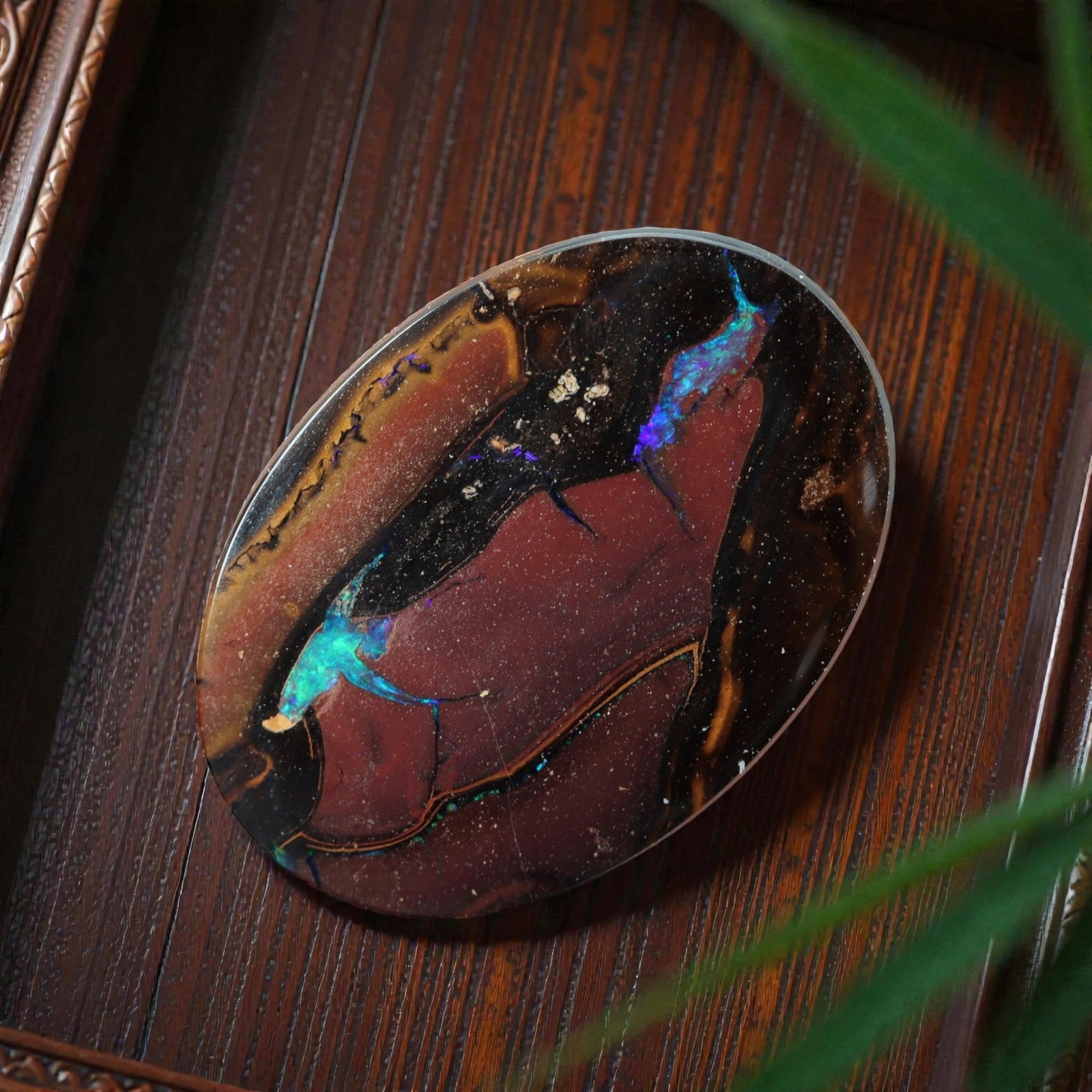 11.58 Carats Koroit Yowah Opal Cabochon - Natural Australian Single Stone, 85XL: This substantial Koroit Yowah opal cabochon, measuring 18x12.8mm, features a dramatic composition of deep plum and black ironstone matrix, interwoven with bold veins of iridescent opal. The opal inclu
