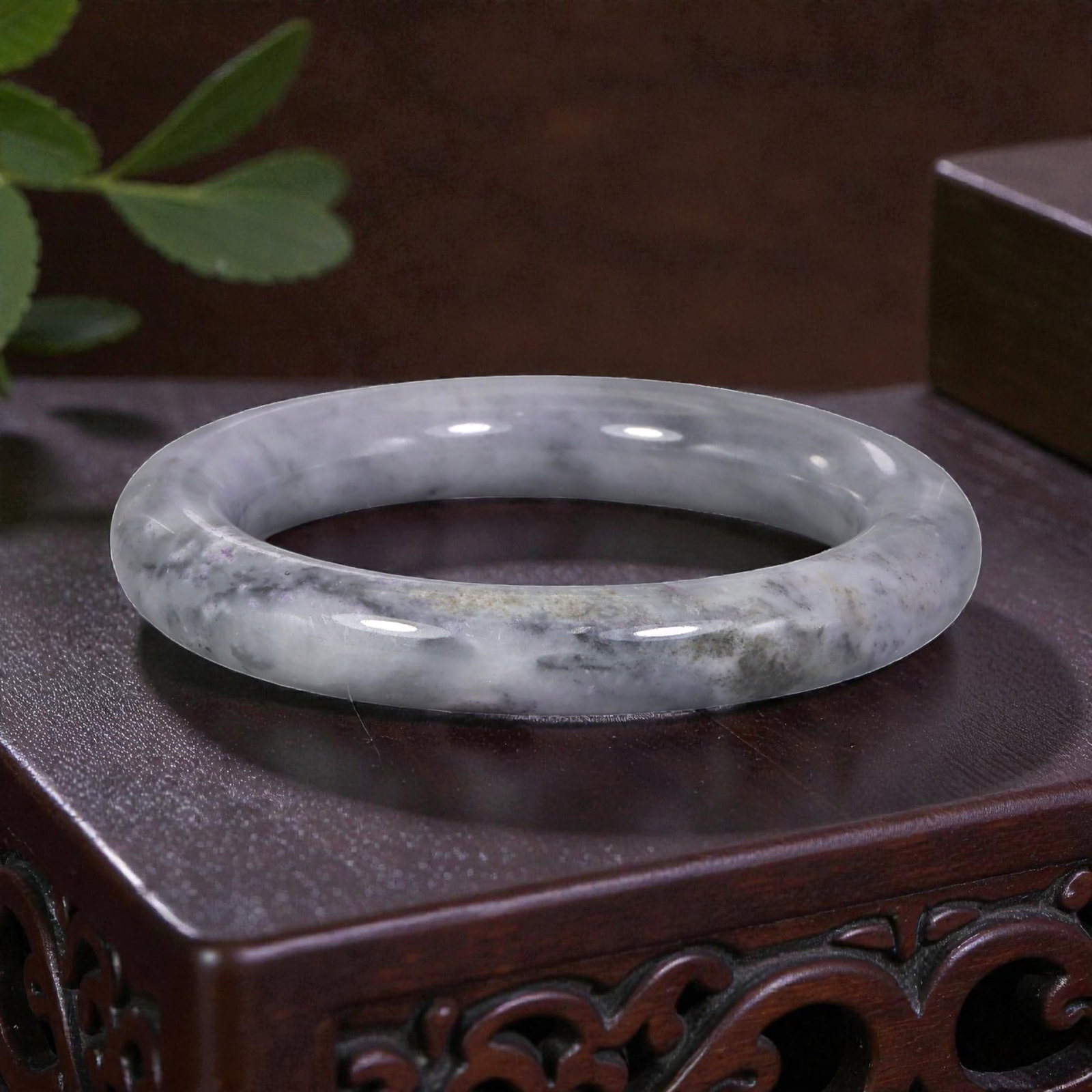 Natural Burmese Type A Lavender & Black Jadeite Bangle - Watercolor Bracelet, 13EA: This is a rounded, solid bangle crafted from natural Burmese Type A jadeite, displaying a soft lavender base with striking black watercolor-style veining and subtle purple highlights throughout the po