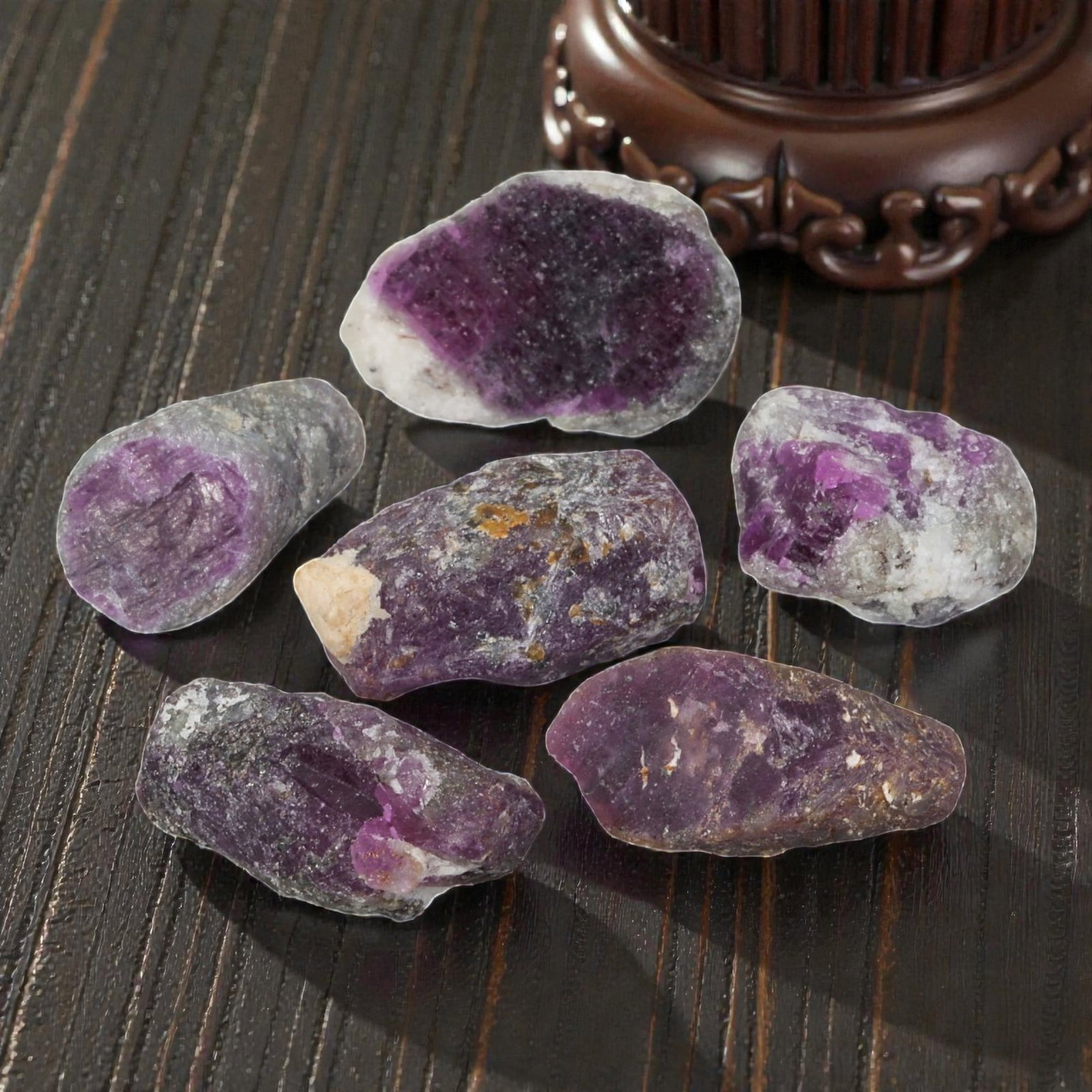 84ct Natural Mauritanian Ruby Rough - Unheated Raw Stone - Lot of 6, 96EA: This is a lot of 6 pieces of natural unheated Mauritanian ruby rough stones, each measuring approximately 1.8-2cm with a total carat weight of 84ct. These raw rubies feature rich purple-red tones with
