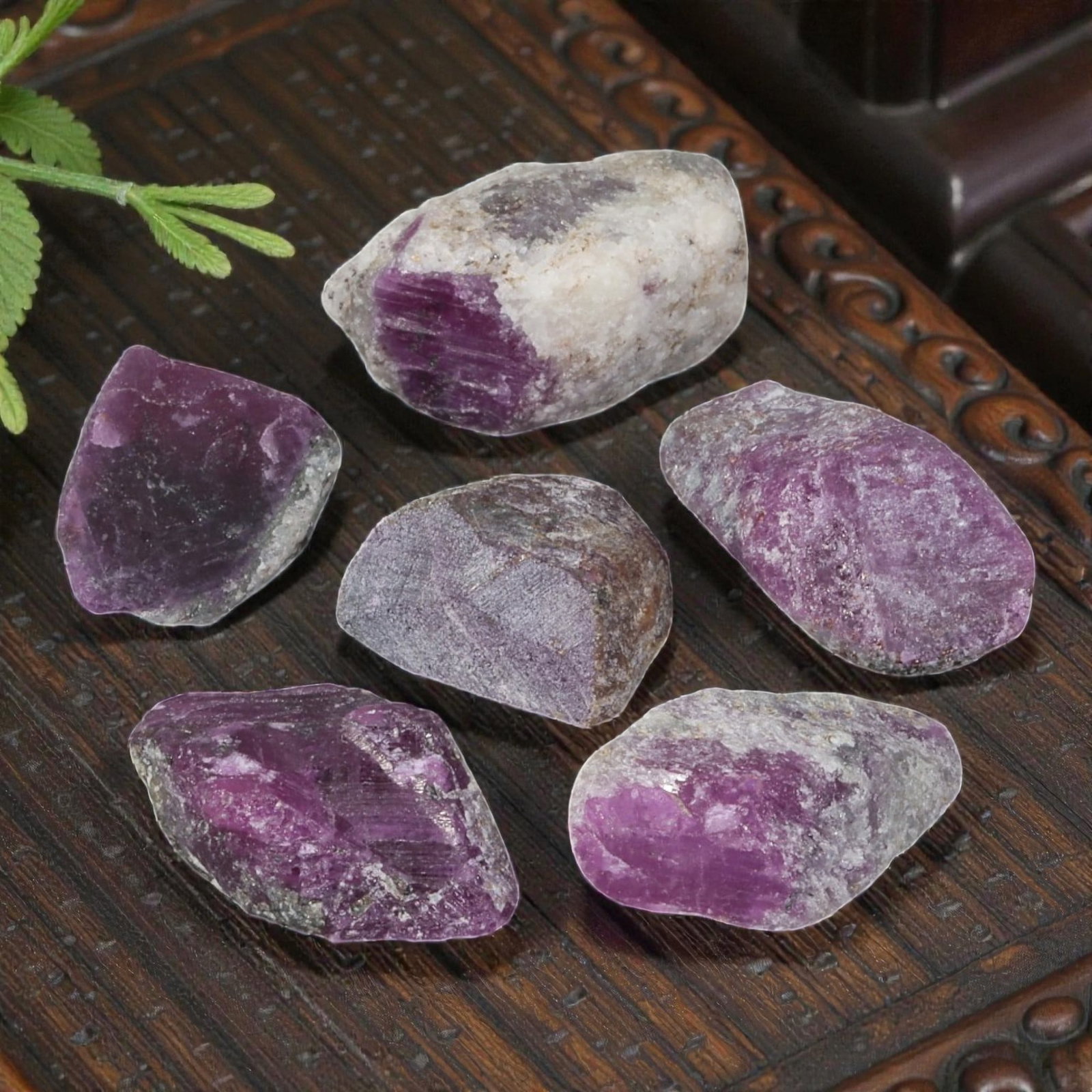 70ct Natural Mauritanian Ruby Rough - Unheated Raw Stone - Lot of 6, 95EA: This is a lot of 6 pieces of natural unheated Mauritanian ruby rough stones, each measuring approximately 1.3-1.8cm with a total carat weight of 70ct. These raw rubies feature rich purple-red tones wi
