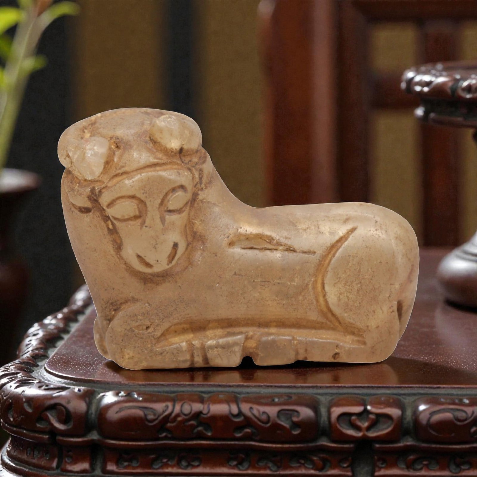 Ancient Rock Crystal Bovid - Near Eastern Amulet Figurine, 100ZP: Carved from translucent pale rock crystal, this reclining bovid figurine features stylized curved horns, closed incised eyes, and simplified facial features. The compact, rounded body is defined by su