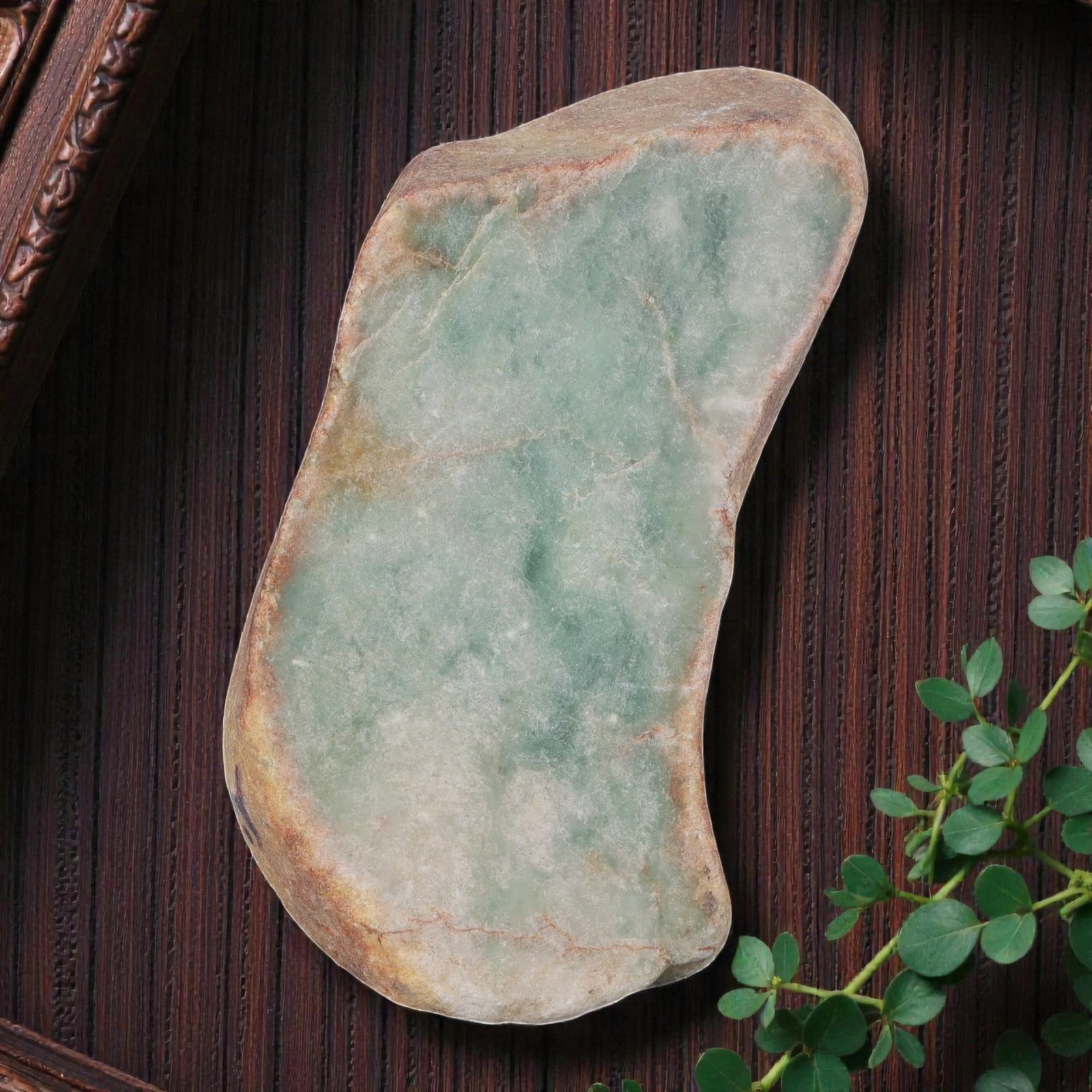 990ct Natural Burmese Light Green Semi-Polished Jadeite Rough - Ice-Tone Slab Stone, 71EA: This is a natural Type A Burmese jadeite rough slab, measuring 8.8x4.2cm and weighing 198g (990ct). It features a smooth semi-polished face revealing a soft light green ice-tone interior, framed by a 