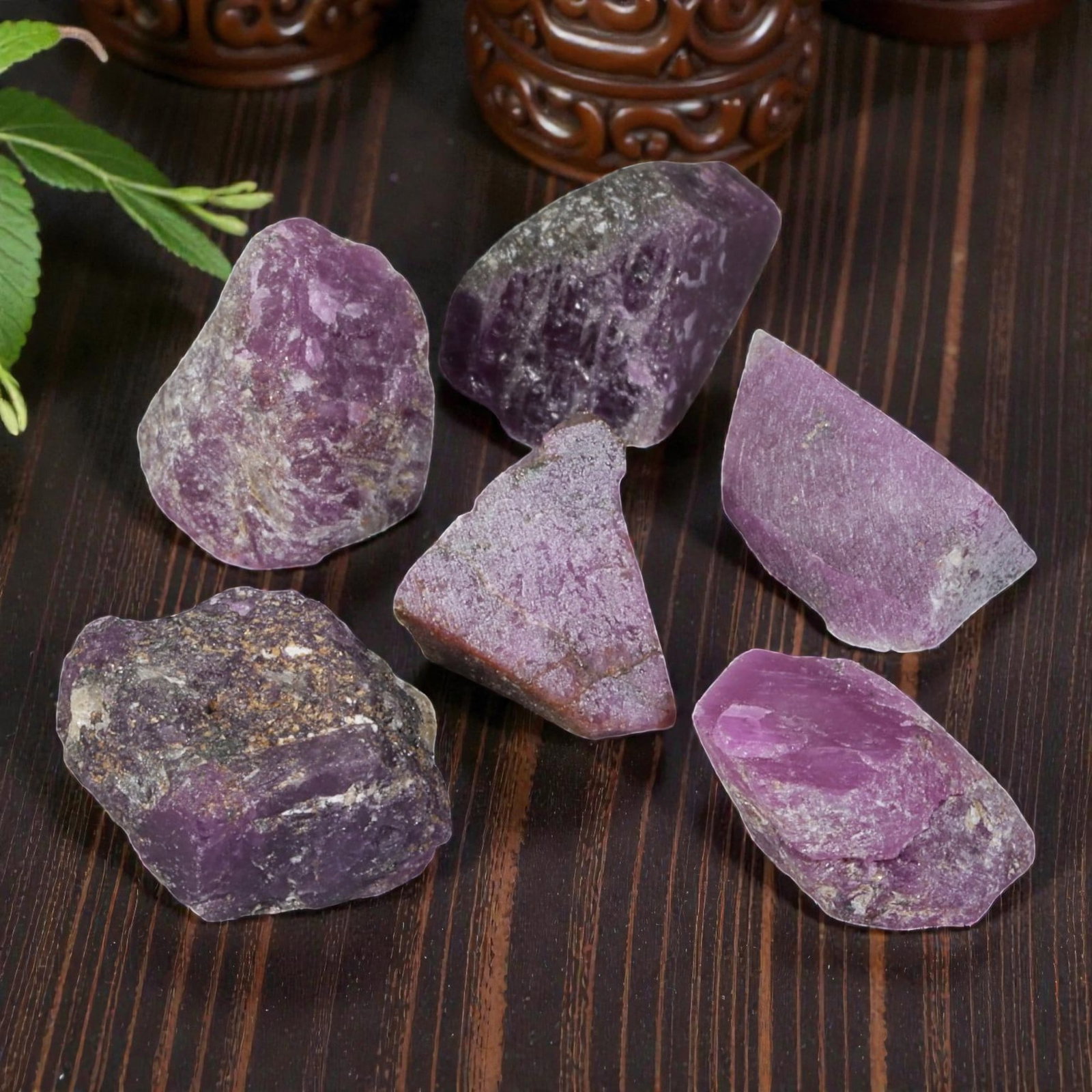 78ct Natural Mauritanian Ruby Rough - Unheated Raw Stone - Lot of 6, 93EA: This is a lot of 6 pieces of natural unheated Mauritanian ruby rough stones, each measuring approximately 1.4-1.5cm with a total carat weight of 78ct. These raw rubies display rich purple-red hues, wi