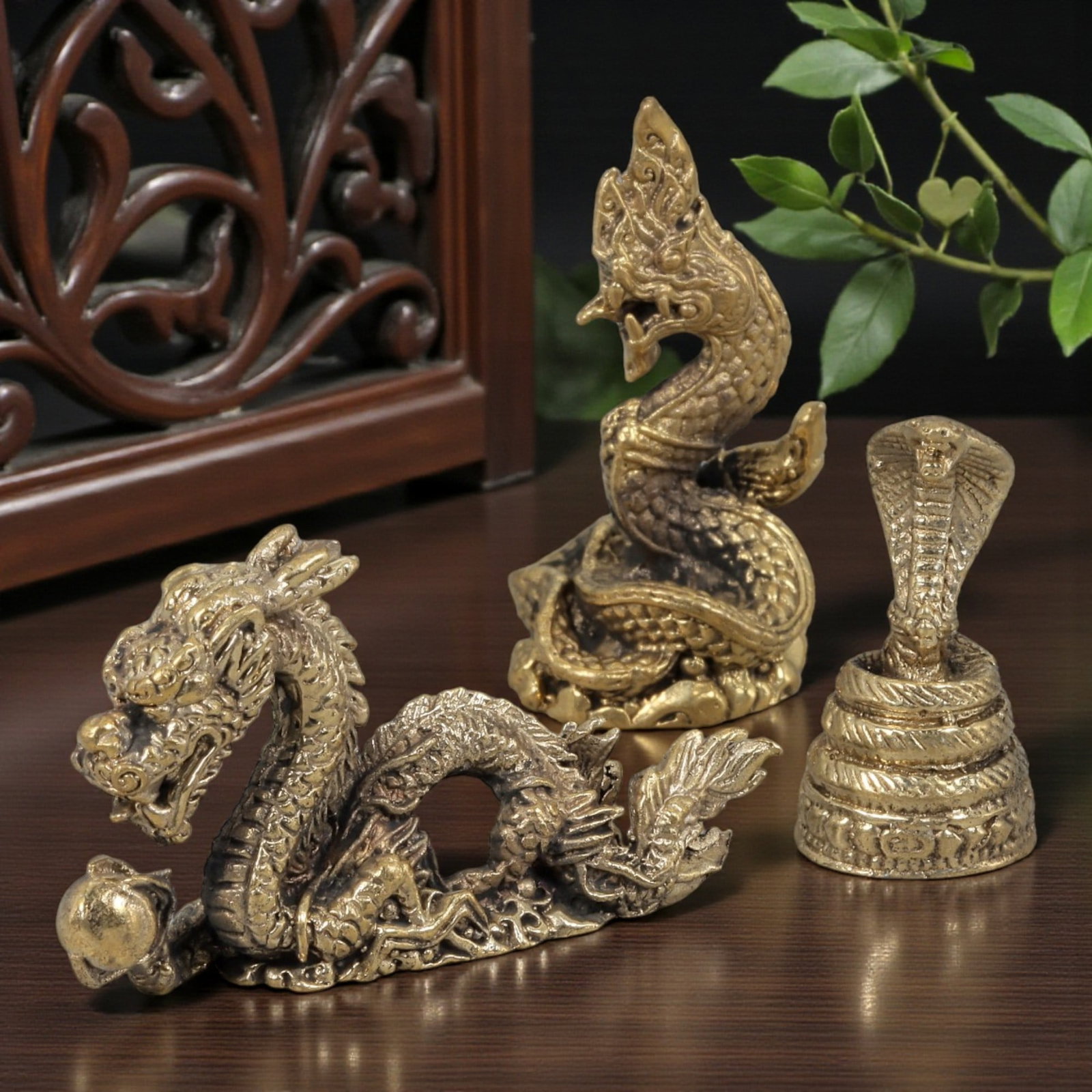 Thai Vintage Copper Alloy Naga & Dragon Devotional Figures - 3pcs Set, 81ZB: This set of three devotional figures is crafted from copper alloy, exhibiting a warm golden patina and subtle surface wear consistent with vintage Thai folk religious art. The pieces depict mythical s