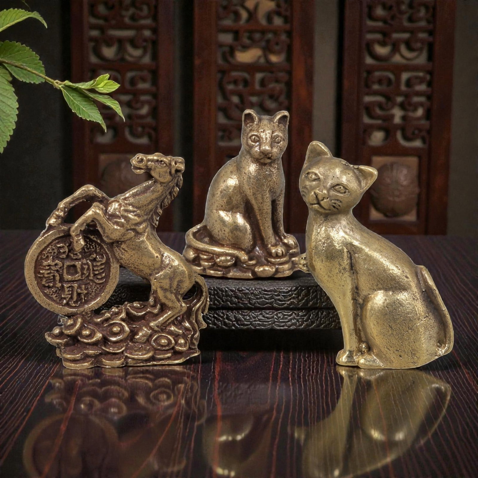 Thai Vintage Copper Alloy Lucky Cat & Horse Devotional Figures - 3pcs Set, 79ZB: This set of three devotional figures is crafted from copper alloy, exhibiting a warm golden patina and subtle surface wear consistent with vintage Thai folk religious art. The pieces depict stylized l