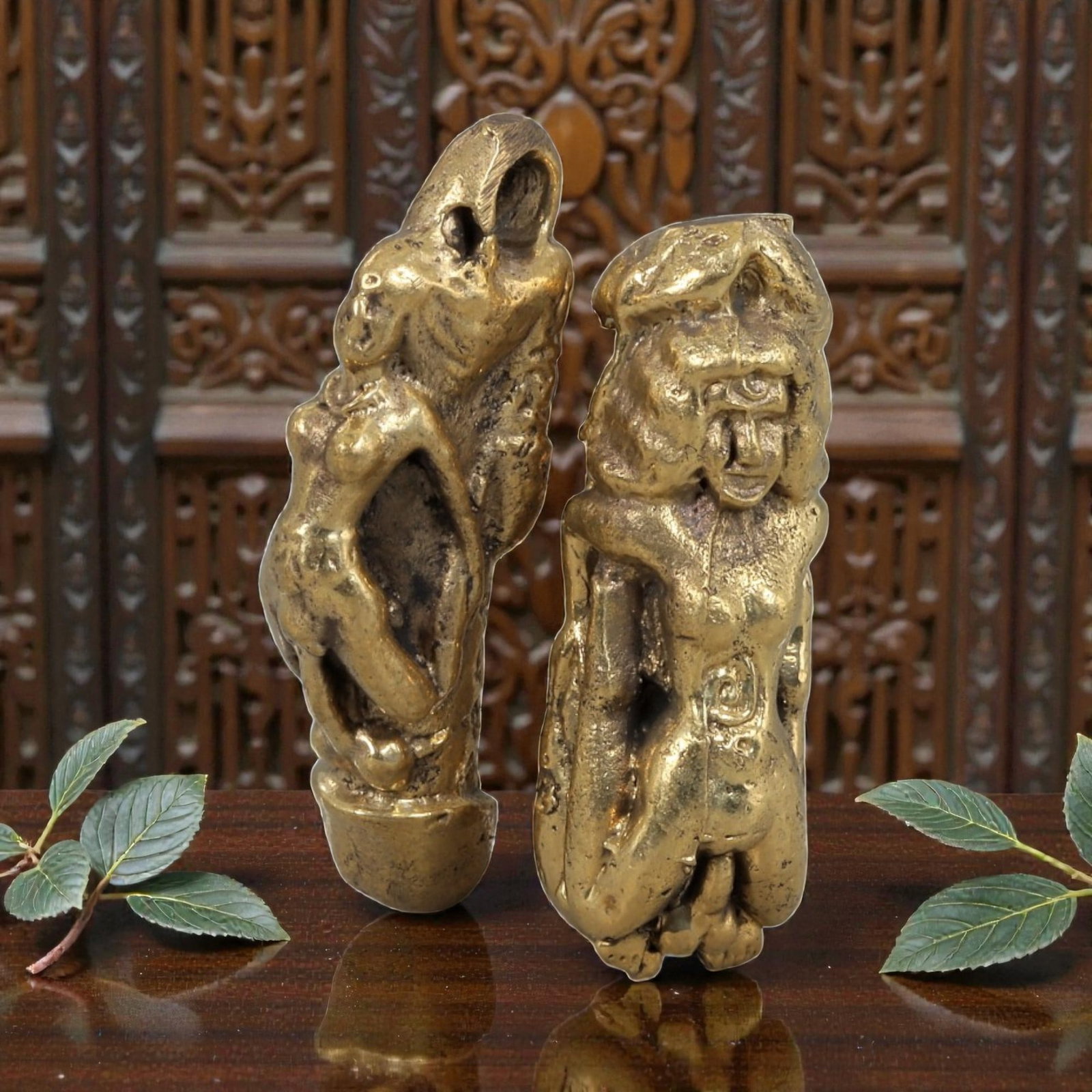 Thai Vintage Copper Alloy Phallic & Fertility Devotional Amulets - 2pcs Set, 71ZB: This pair of devotional amulets is crafted from copper alloy, exhibiting a warm golden patina and subtle surface wear consistent with vintage Thai folk religious objects. Each piece combines phallic a
