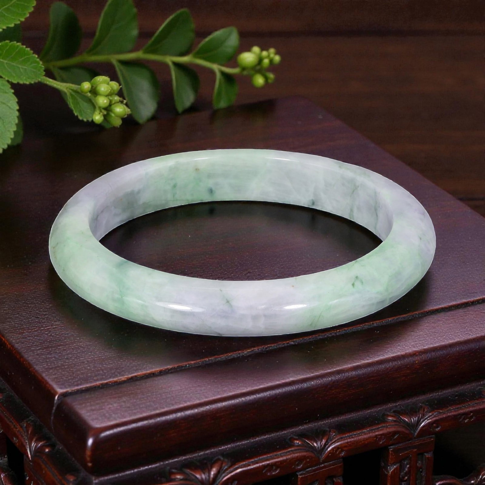 Natural Burmese Type A Green & White Jadeite Jade Bangle - Delicate Moss in Snow Bracelet, 78YH (1 of 3)