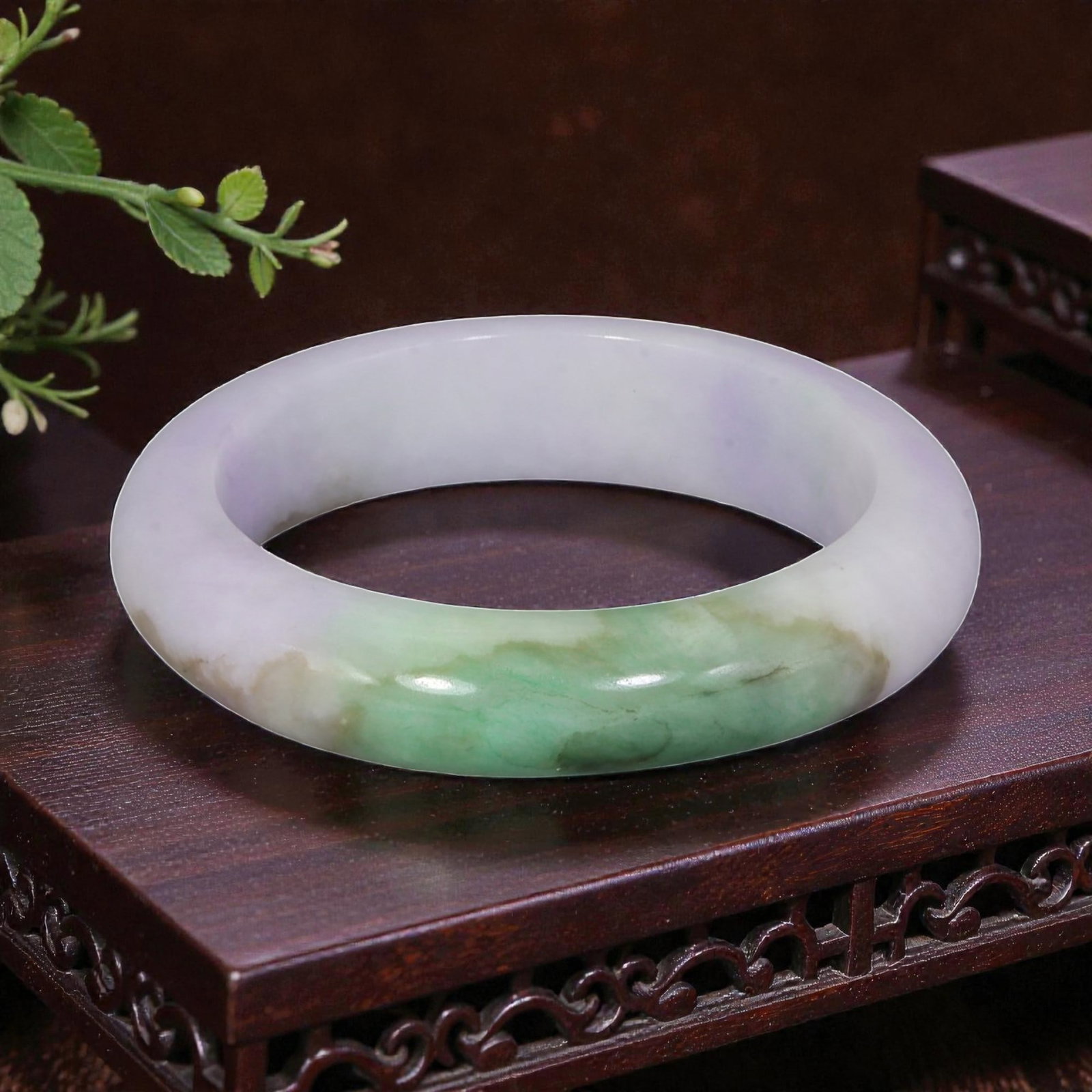 Natural Burmese Type A Lavender & Green Jadeite Jade Bangle - Pastel Moss in Snow Bracelet, 75YH: Crafted from natural Burmese Type A jadeite jade, this bangle presents a soft tri-color variation of the "Moss in Snow" pattern, with a pale lavender base transitioning into a vivid band of green, acc