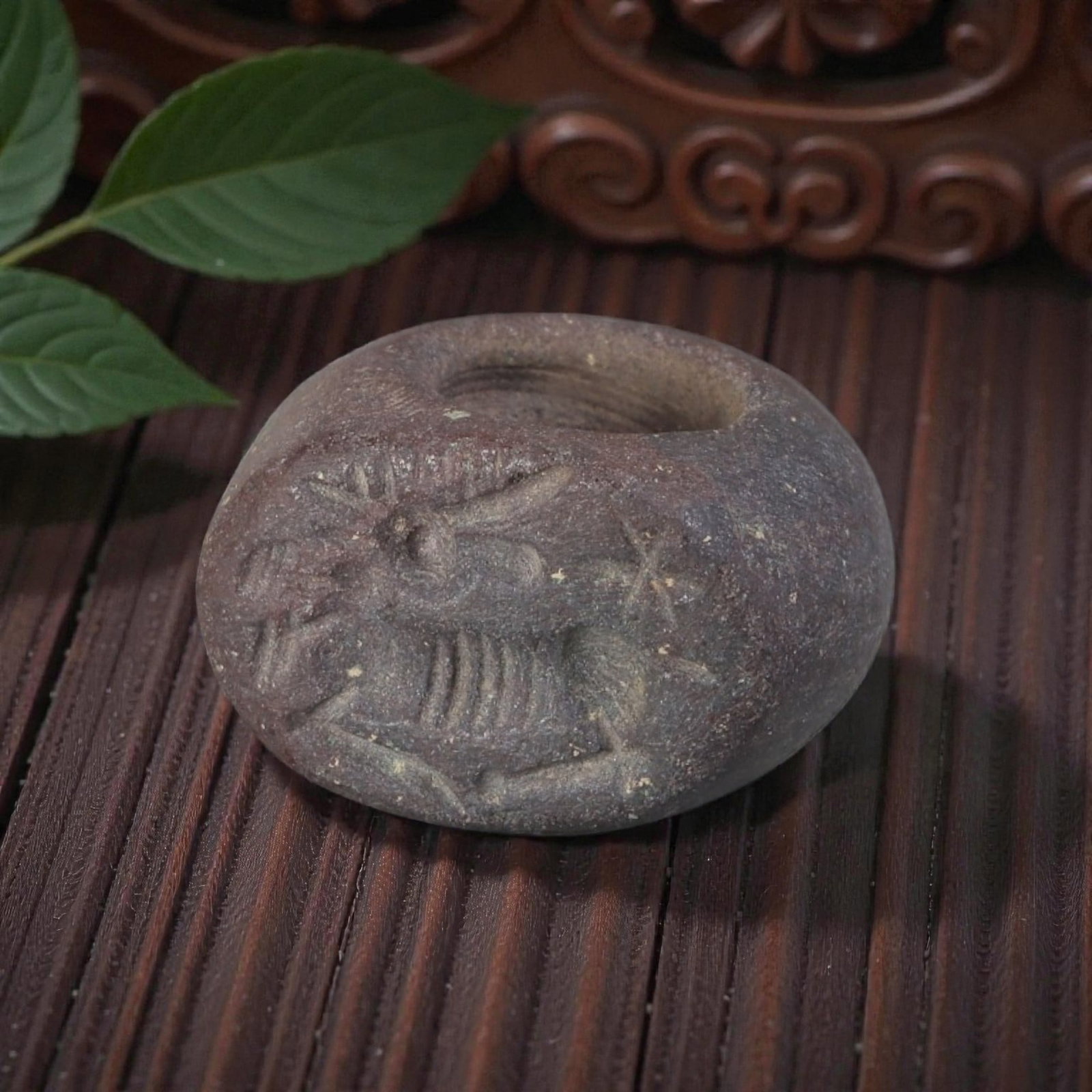 Ancient Sasanian Jasper Stag and Star Motif Stamp Seal, 20AP: Crafted from weathered, dark-toned jasper with natural granular texture and earthy patina, this ancient Sasanian stamp seal features a deeply incised zoomorphic motif of a stylized stag, complemented 