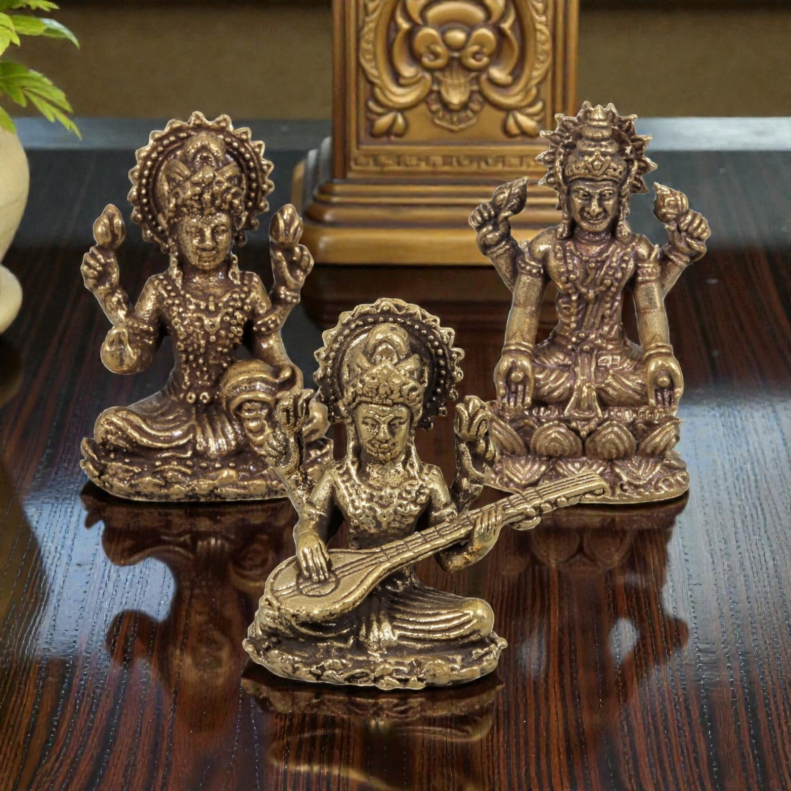 Thai Vintage Copper Alloy Hindu Goddess Devotional Figures - 3pcs Set, 90ZB: This set of three devotional figures is crafted from copper alloy, exhibiting a warm aged patina and fine surface wear consistent with vintage Thai folk religious art. The pieces depict revered Hindu 