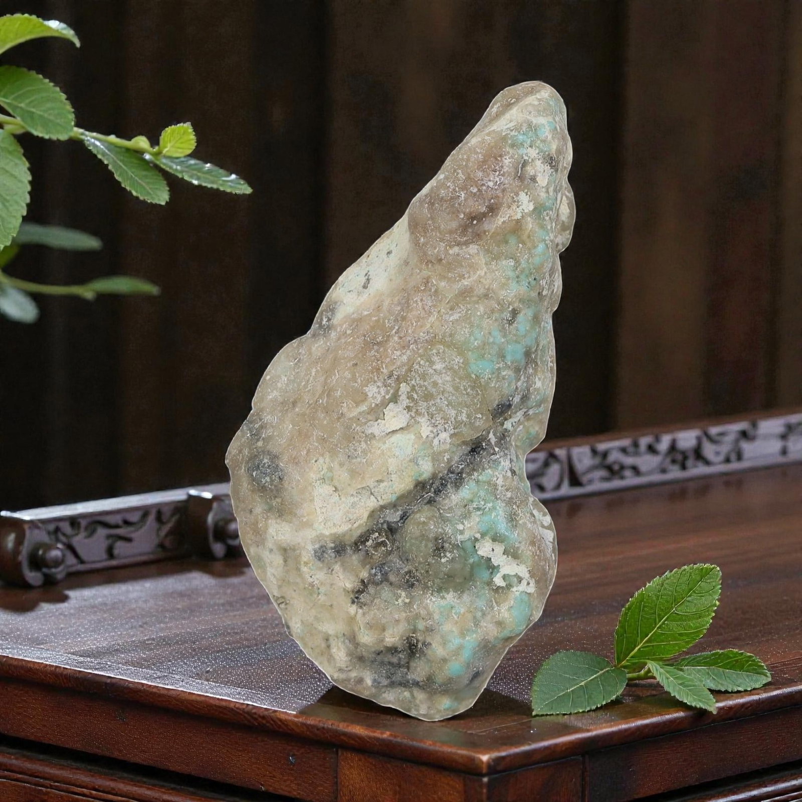49ct Natural Kingman Turquoise Rough - Arizona USA, 41EB: This is a natural Kingman turquoise rough stone, measuring approximately 4x2cm with a total carat weight of 49ct. The stone features soft light blue turquoise matrix scattered within its natural host 