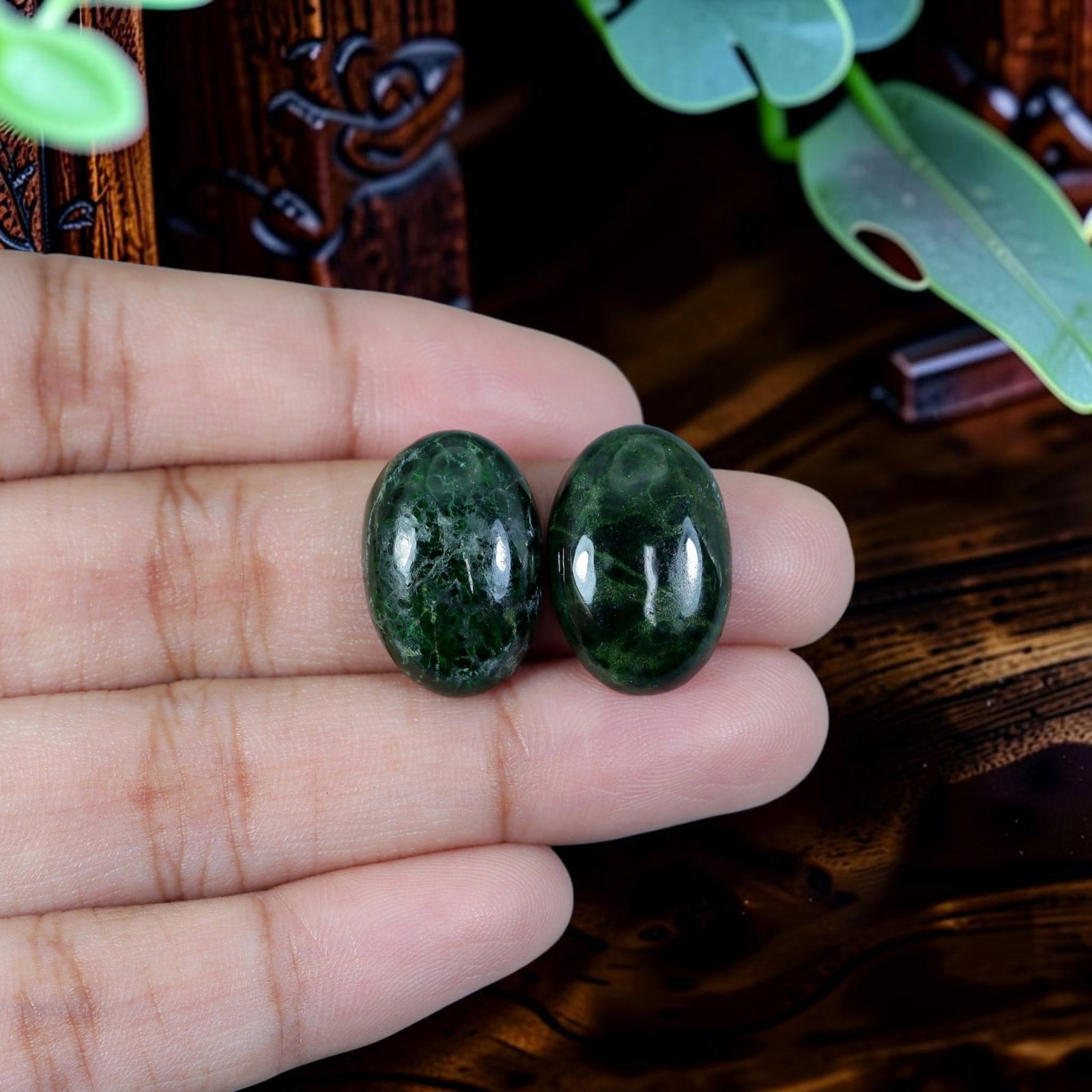 19.39ct Natural Burmese Type A Jadeite Jade Cabochon Pair, 17EC: Polished from untreated natural Burmese Type A jadeite jade, this matched oval cabochon pair features smooth domed polish and thin flat bases crafted for custom earring mounting. Deep dark moss green 