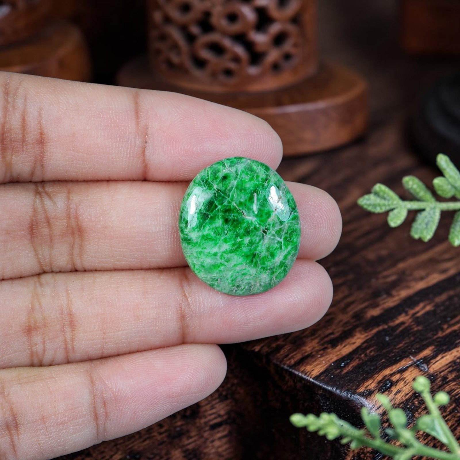 11.41ct Natural Burmese Type A Jadeite Jade Cabochon, 93EB: Polished from untreated natural Burmese Type A jadeite jade, this compact oval cabochon has a smoothly domed top paired with thin flat base suited for ring setting. Vivid saturated emerald green domin