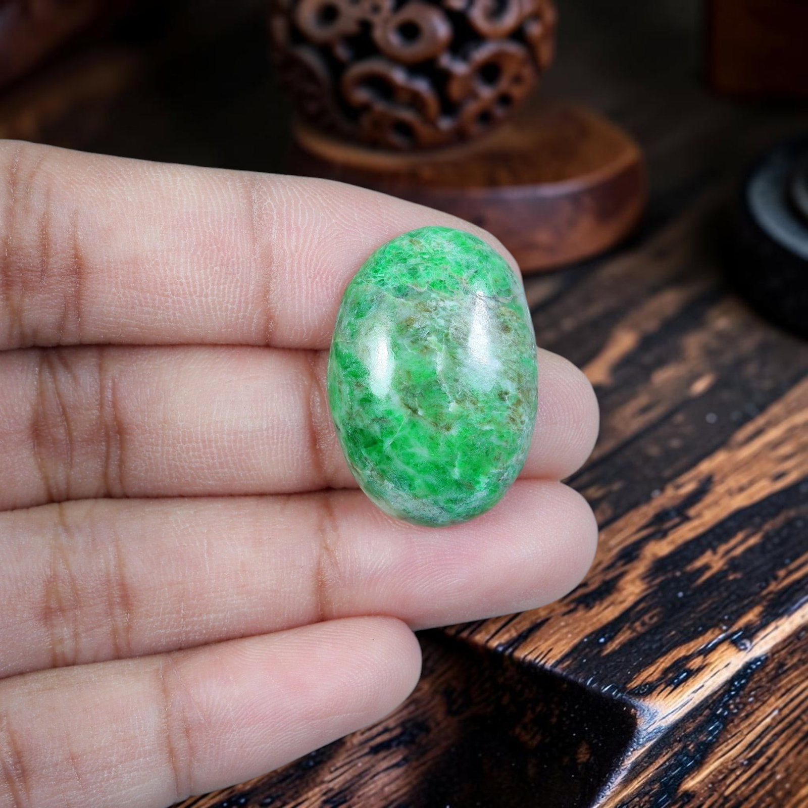 19.02ct Natural Burmese Type A Jadeite Jade Cabochon, 86EB: Crafted from untreated natural Burmese Type A jadeite jade, this oval cabochon features expert high-gloss polishing with rounded domed top and flat base designed for jewelry setting. The stone's surfa