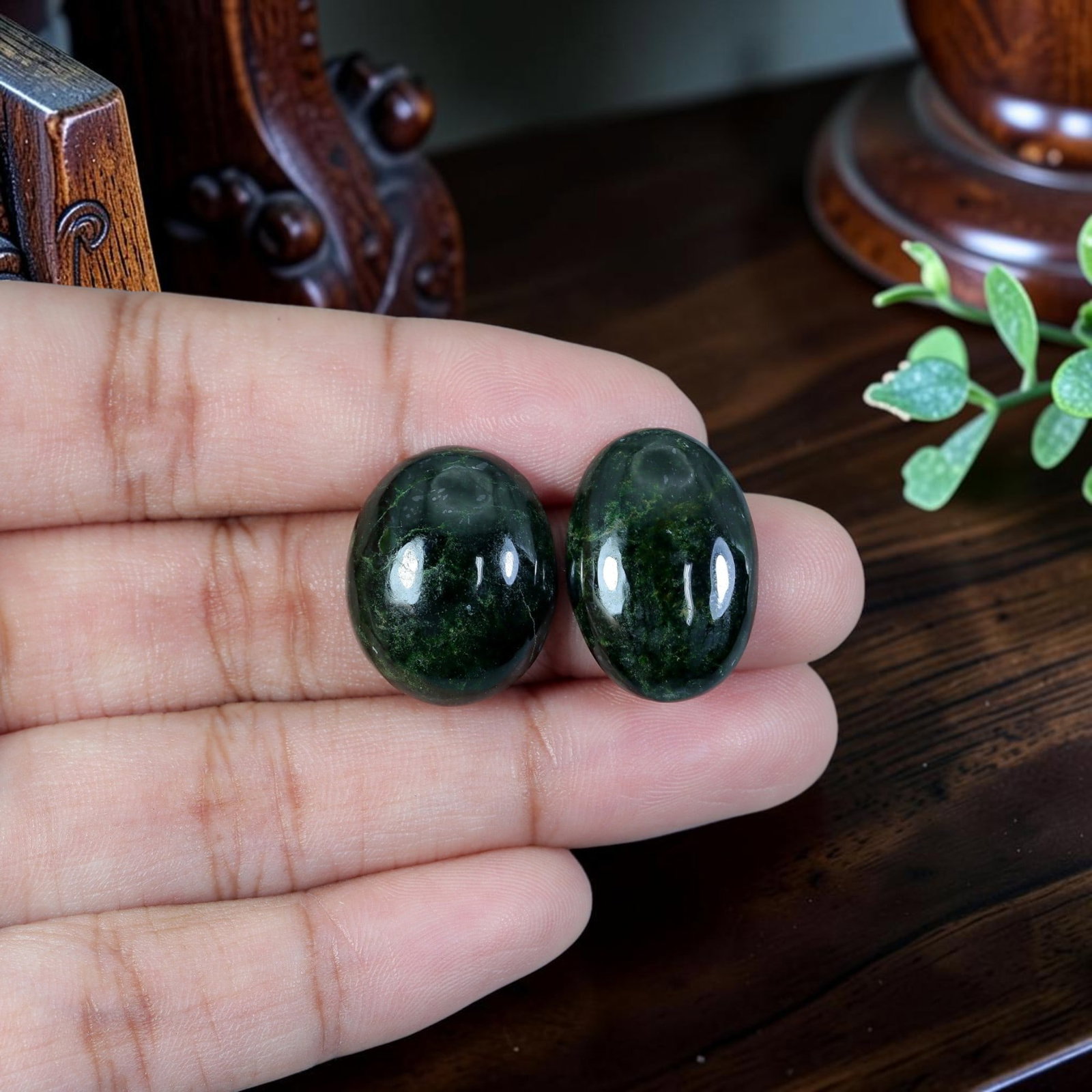 24.61ct Natural Burmese Type A Jadeite Jade Cabochon Pair, 16EC: Polished from untreated natural Burmese Type A jadeite jade, this matched pair of oval cabochons features thick domed high-gloss finish and flat bases engineered for custom earring setting. The stones