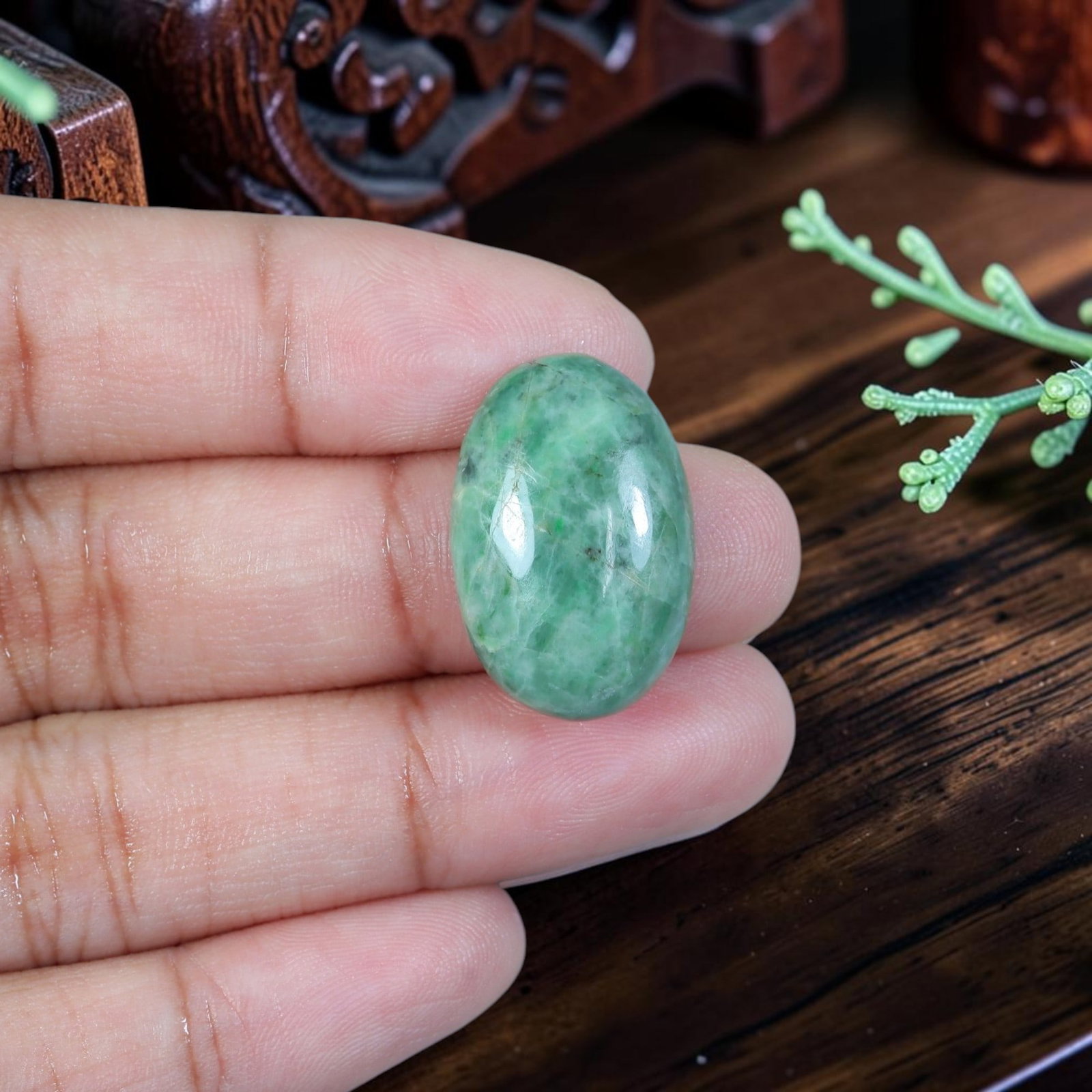 14.51ct Natural Burmese Type A Jadeite Jade Cabochon, 92EB: Crafted from untreated natural Burmese Type A jadeite jade, this compact oval cabochon features smoothly domed polished surface and flat base suited for ring or small pendant setting. Soft celadon gre