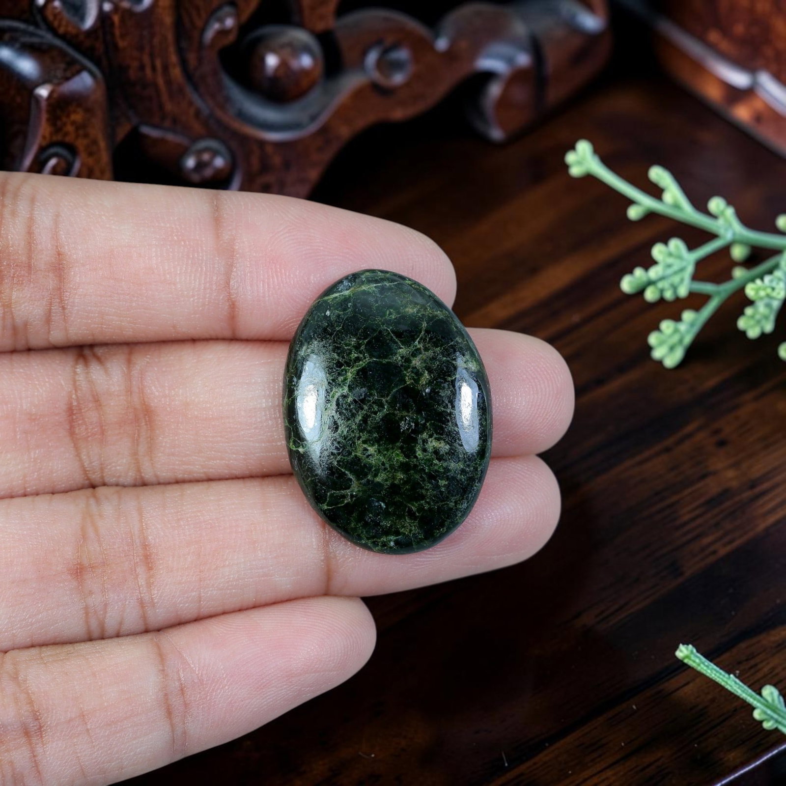 19.11ct Natural Burmese Type A Jadeite Jade Cabochon, 6EC: Polished from untreated natural Burmese Type A jadeite jade, this thick domed oval cabochon features glossy polished dome and flat base applicable for large ring or vintage pendant setting. Deep dark 