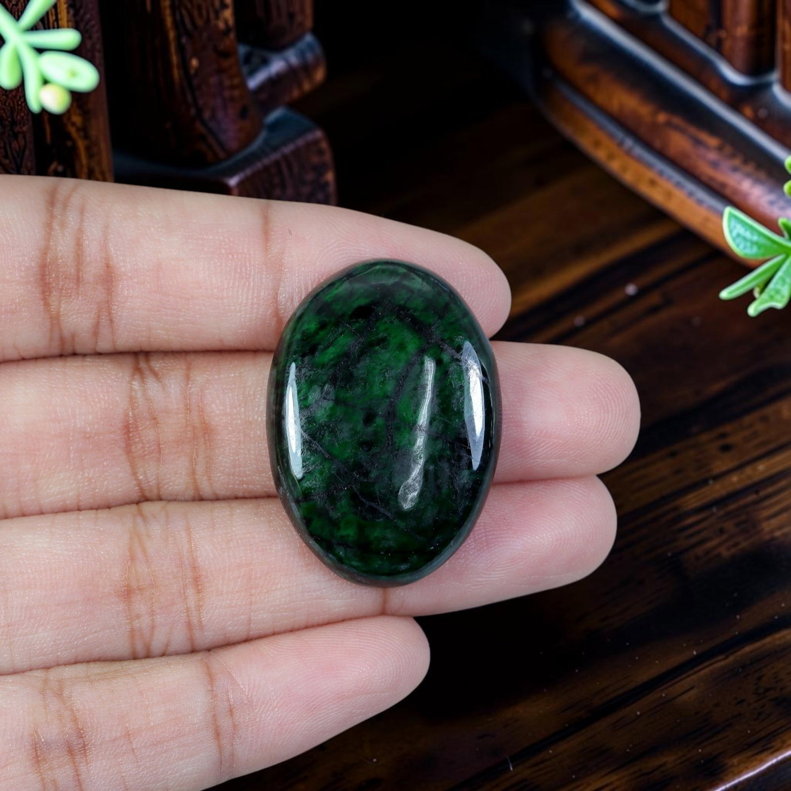 30.46ct Natural Burmese Type A Jadeite Jade Cabochon, 1EC: Polished from untreated natural Burmese Type A jadeite jade, this thick high-domed oval cabochon features glossy domed surface and flat base for large ring or vintage statement pendant inlay. Deep ink