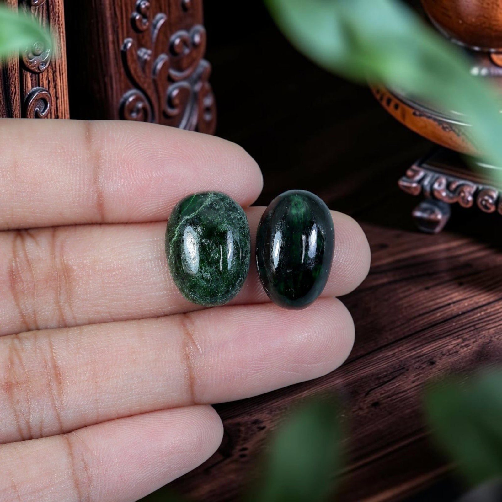 13.33ct Natural Burmese Type A Jadeite Jade Cabochon Pair, 18EC: Polished from untreated natural Burmese Type A jadeite jade, this matched pair of compact oval cabochons features smooth domed finish and slim flat bases tailor-made for fine custom earring setting. T