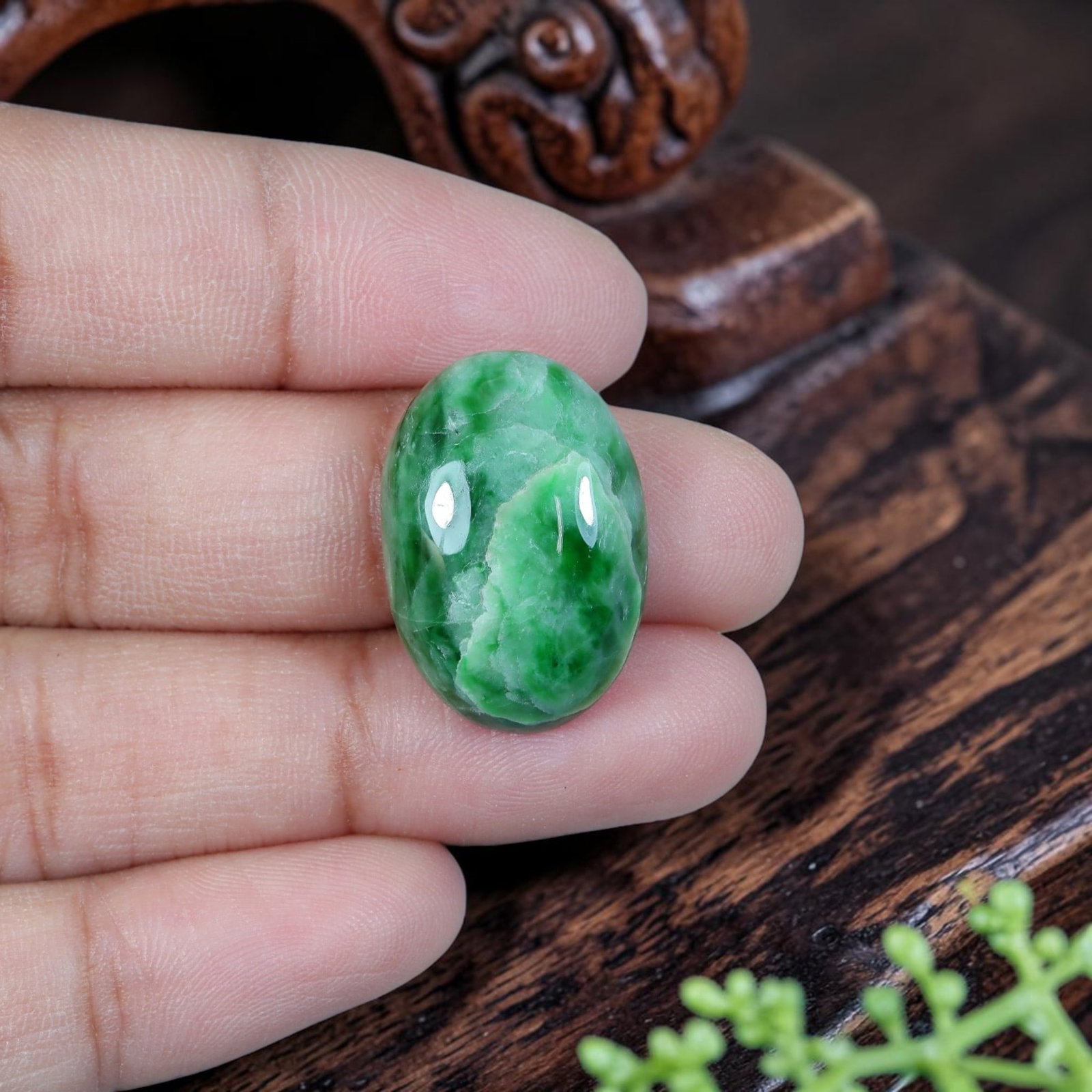 16.56ct Natural Burmese Type A Jadeite Jade Cabochon, 94EB: Polished from untreated natural Burmese Type A jadeite jade, this oval cabochon features plump domed polish and flat base suitable for ring or small pendant setting. Pale celadon green background matr