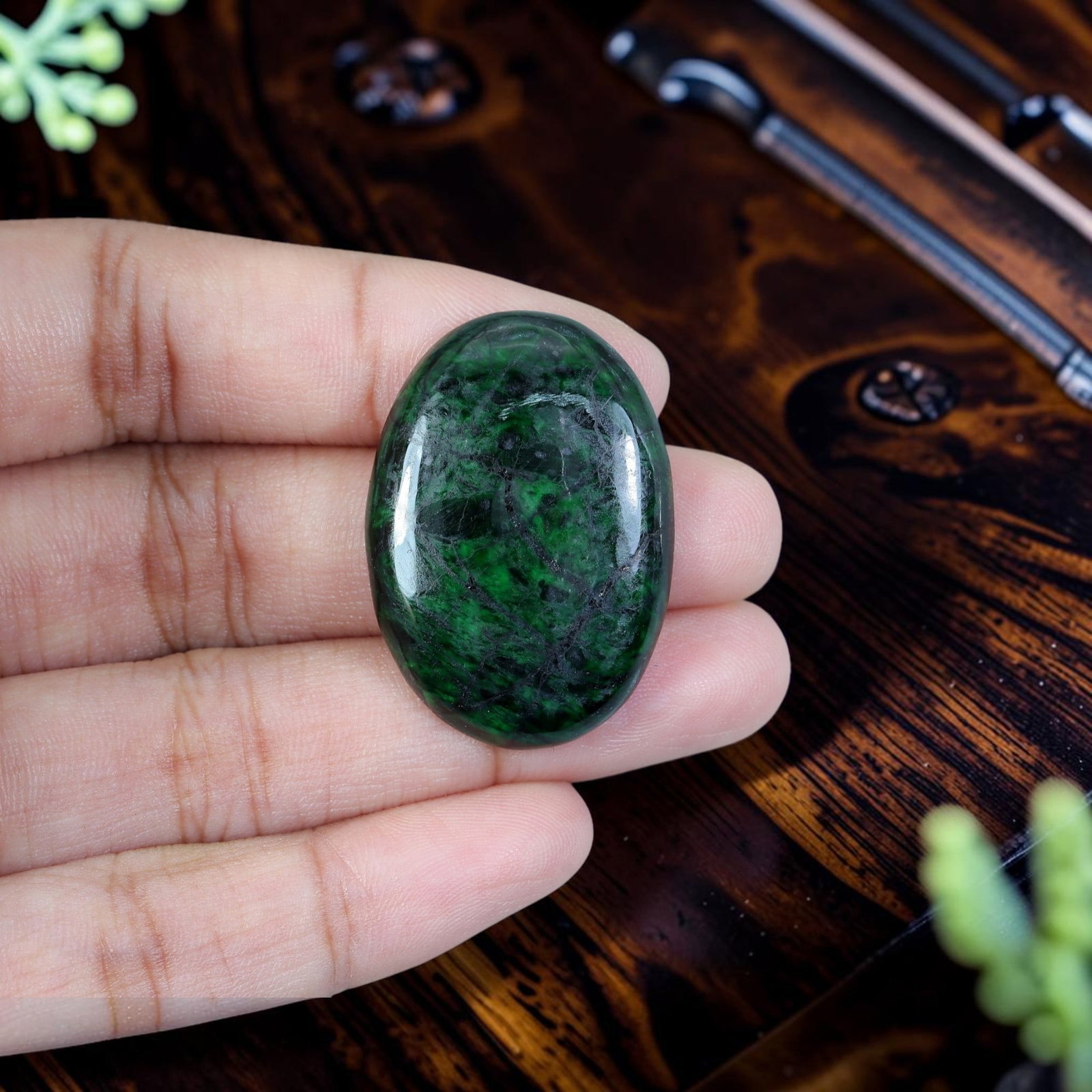 31.73ct Natural Burmese Type A Jadeite Jade Cabochon, 99EB: Polished from untreated natural Burmese Type A jadeite jade, this large oval domed cabochon features sleek glossy surface and thin flat base ideal for vintage statement pendant setting. Deep blackish 