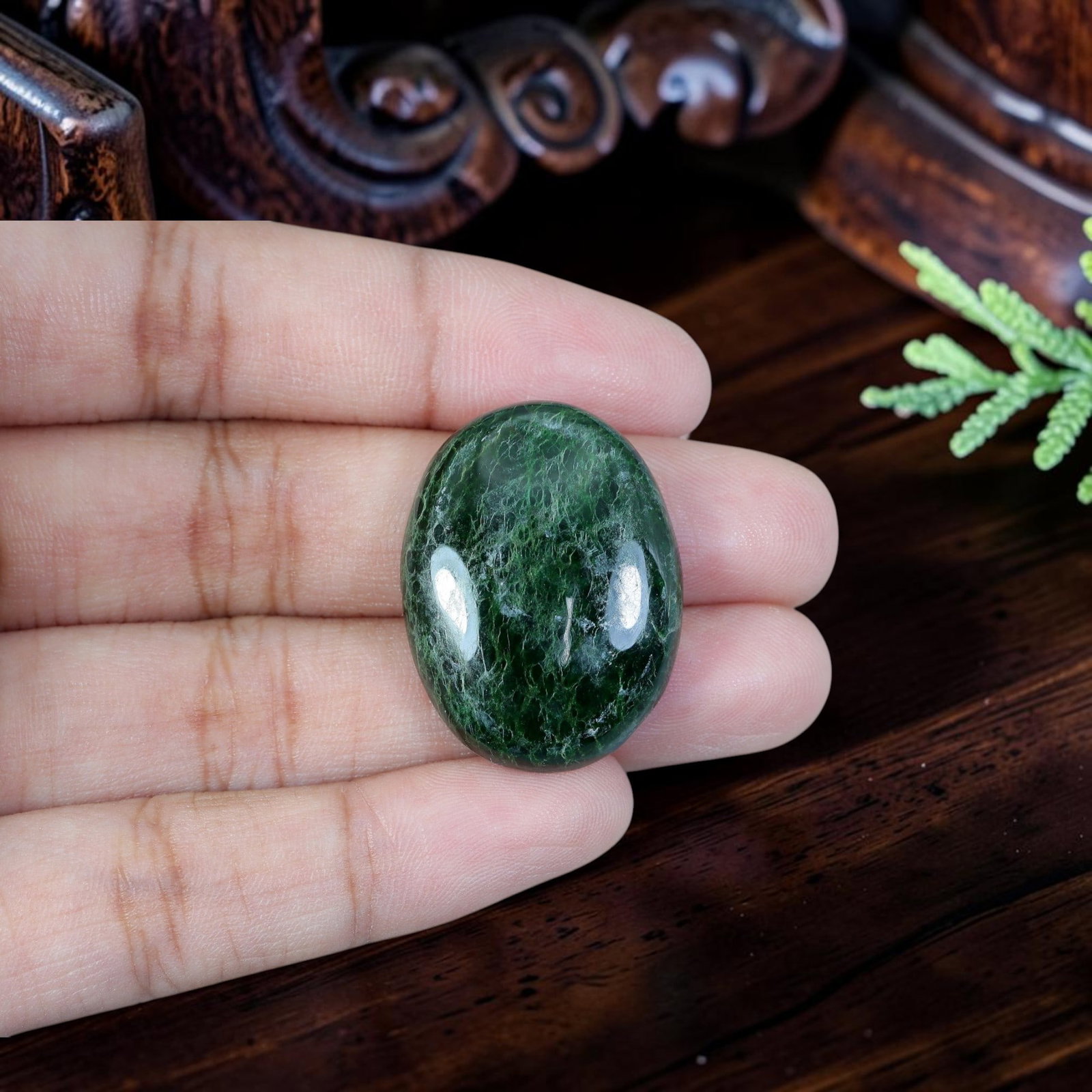 31.62ct Natural Burmese Type A Jadeite Jade Cabochon, 5EC: Polished from untreated natural Burmese Type A jadeite jade, this oversized thick domed oval cabochon features plump high-gloss surface and flat base for large statement pendant mounting. Rich deep fo