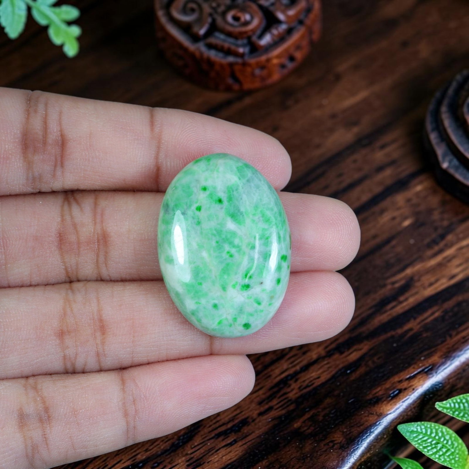 35.00ct Natural Burmese Type A Jadeite Jade Cabochon, 74EB: Polished from untreated natural Burmese Type A jadeite jade, this medium-large oval cabochon features a sleek domed polished surface paired with flat base designed for bespoke pendant mounting. Soft m