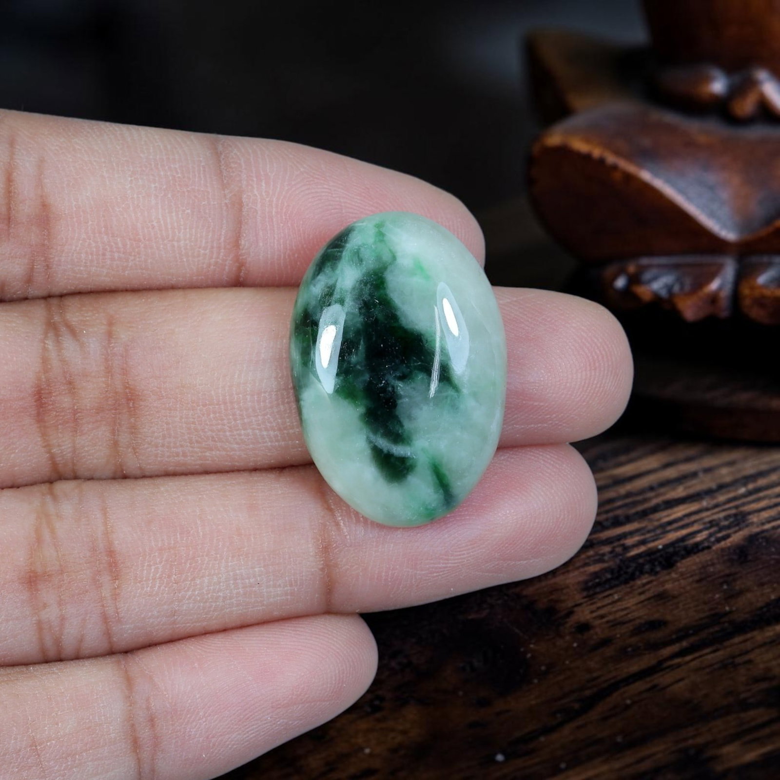 23.12ct Natural Burmese Type A Jadeite Jade Cabochon, 77EB: Crafted from authentic natural Burmese Type A jadeite jade, this polished oval cabochon features smooth domed top and flat base finished with fine lapidary work. The stone displays pale milky white ba