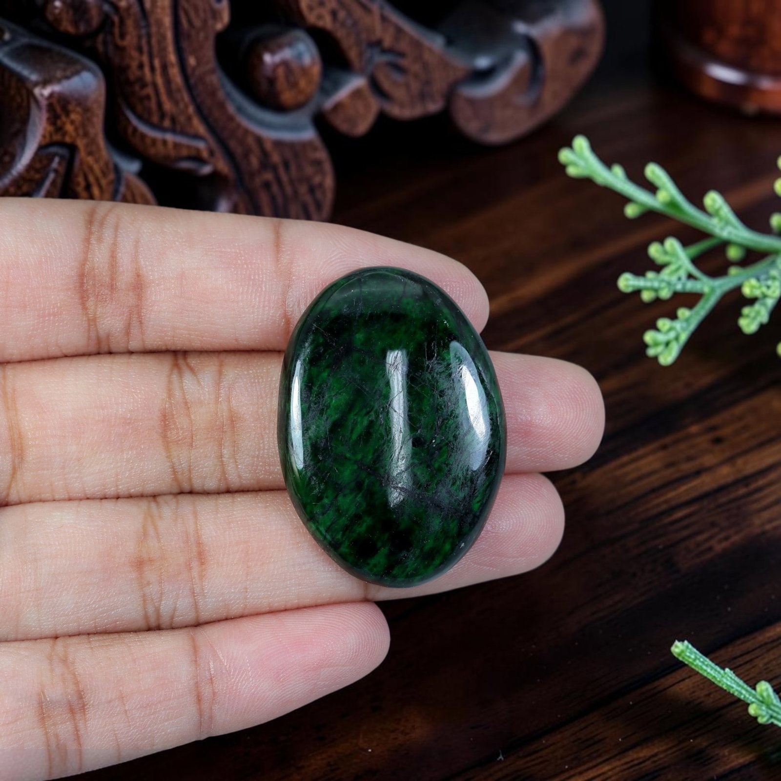 36.50ct Natural Burmese Type A Jadeite Jade Cabochon, 97EB: Crafted from untreated natural Burmese Type A jadeite jade, this large thick domed oval cabochon boasts high-gloss polished dome paired with flat base ideal for bespoke statement pendant crafting. Dee