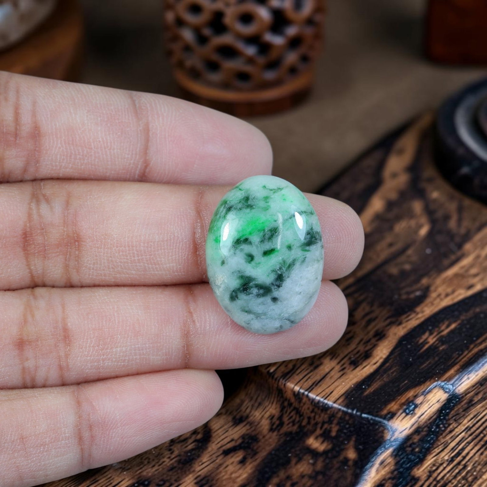 17.29ct Natural Burmese Type A Jadeite Jade Cabochon, 89EB: Crafted from untreated natural Burmese Type A jadeite jade, this polished oval cabochon features a smoothly domed top alongside flat base suited for pendant or ring mounting. Its pale milky white clou